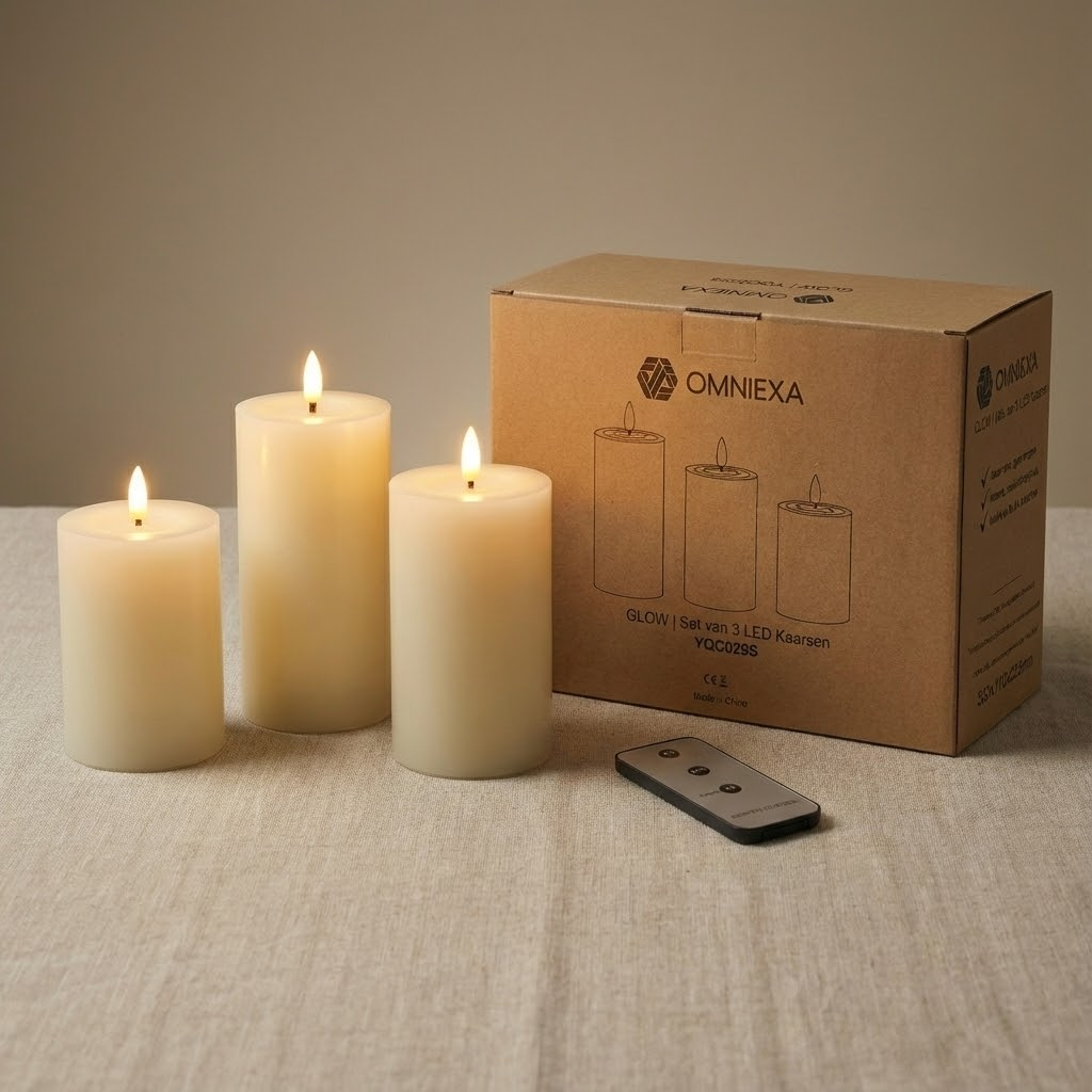 Three cream-colored LED candles glow next to their packaging box and a remote on a table.