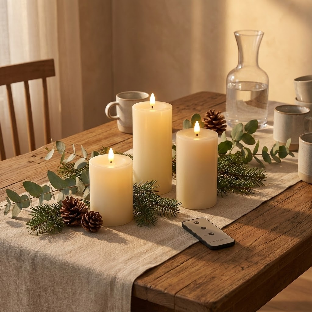 Three LED candles on a wooden table with pine branches, cones, and eucalyptus.