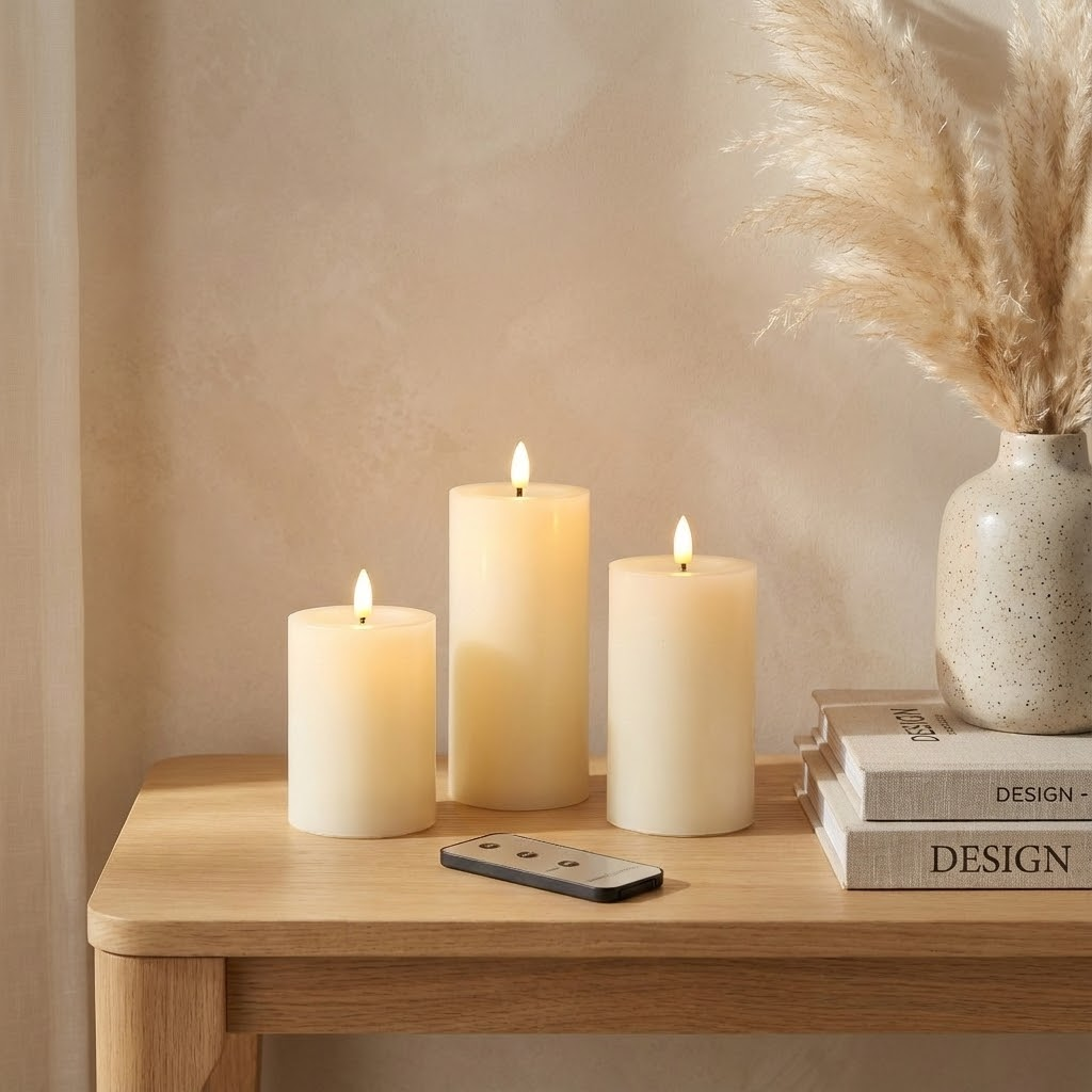Three lit LED candles stand on a wooden table next to a remote, stacked books, and a vase with pampas grass.