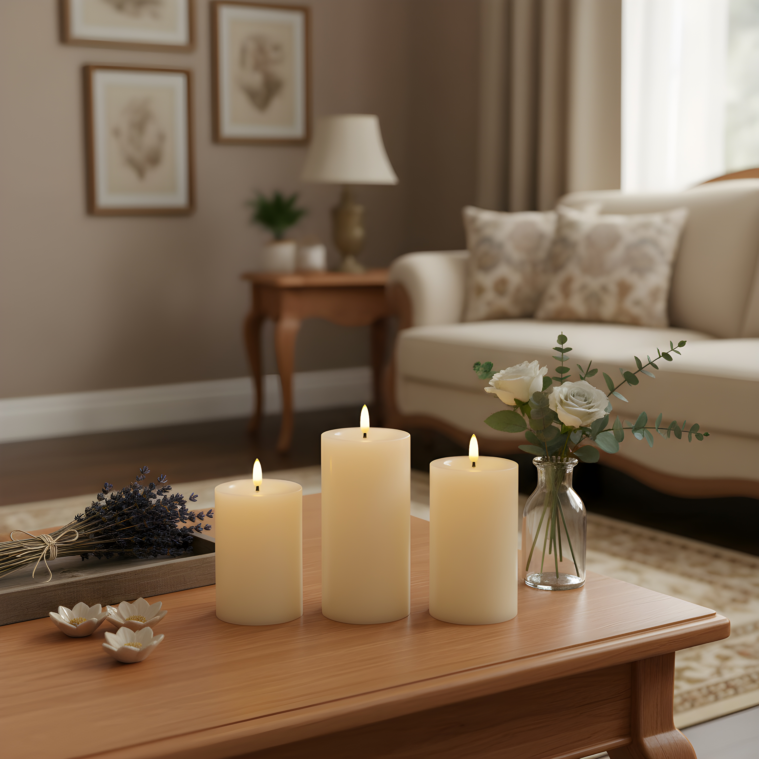 Three lit candles, a small flower vase, and dried lavender rest on a wooden coffee table in a cozy living room.