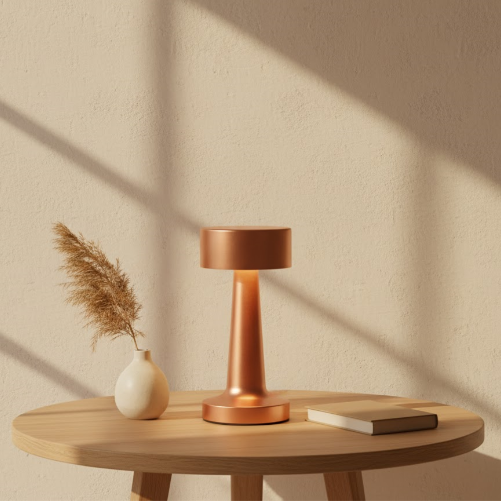 An orange lamp, a white vase with grass, and a book sit on a wooden table against a beige wall.