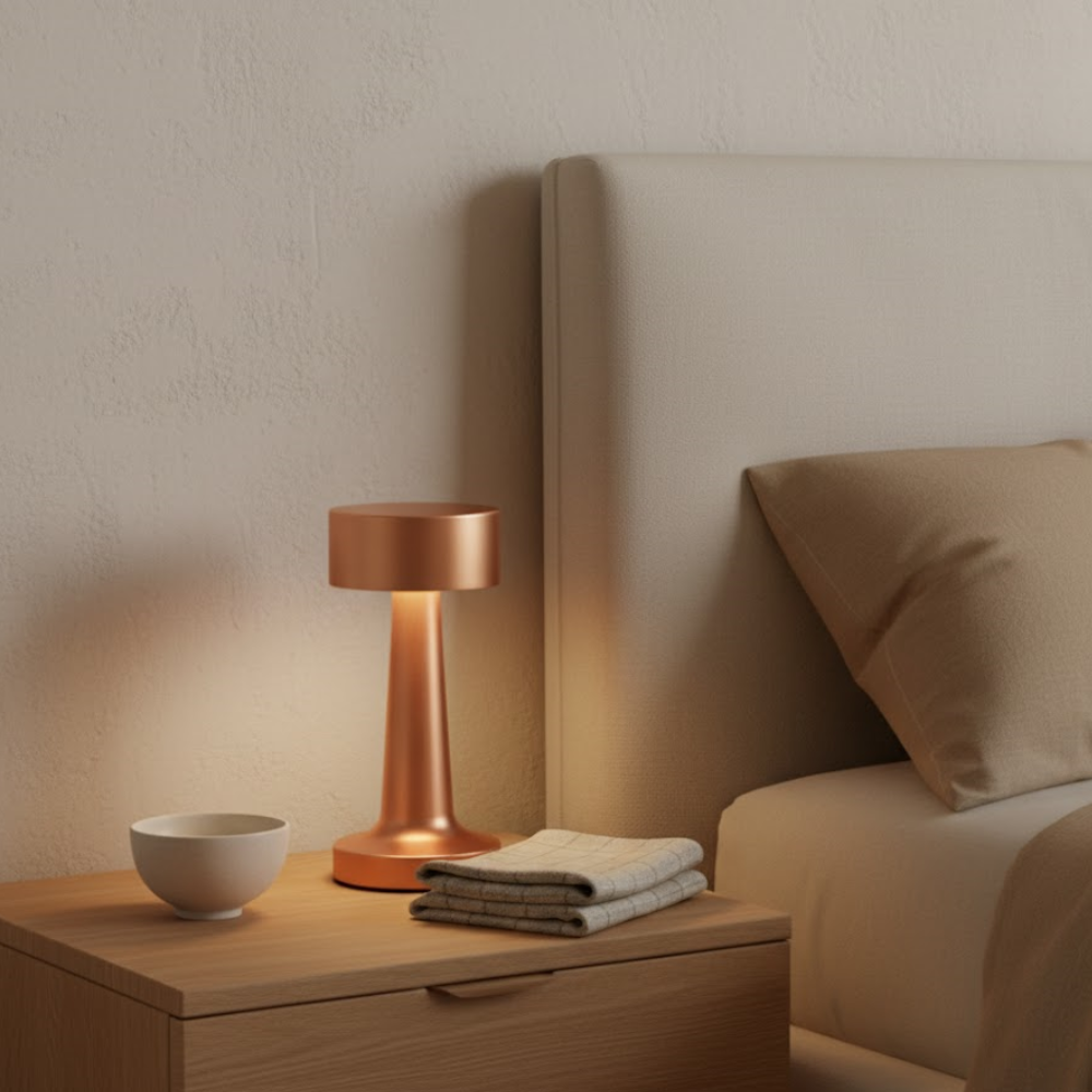 A glowing copper lamp, a white bowl, and folded napkins sit on a wooden bedside table beside a cream-colored bed.