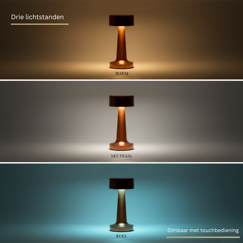 Three images of a modern table lamp showing warm, neutral, and cool light settings.