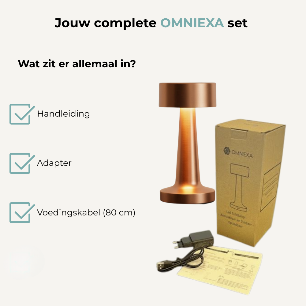 OMNIEXA set contents: copper lamp, box, adapter, cable, manual.