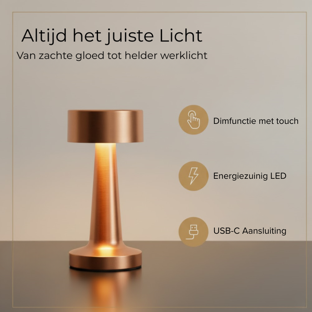 A modern bronze table lamp on a dark surface with feature icons for touch dimming, LED, and USB-C.