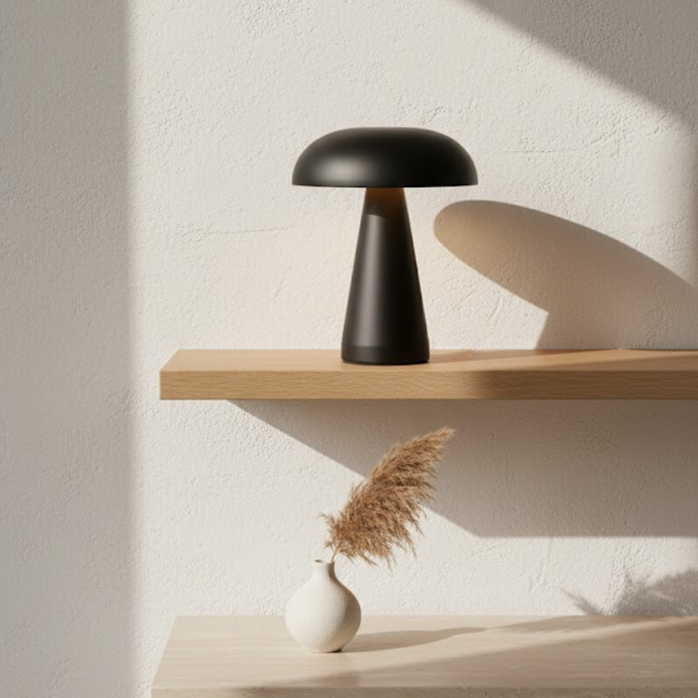 A black mushroom lamp rests on a wooden shelf next to a white vase holding dried grass.
