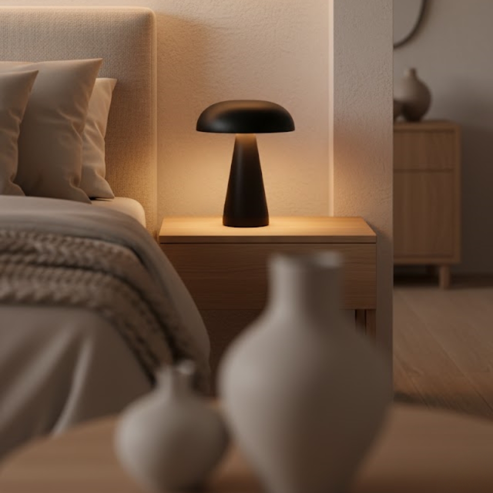 A black mushroom lamp sits on a wooden nightstand next to a bed.