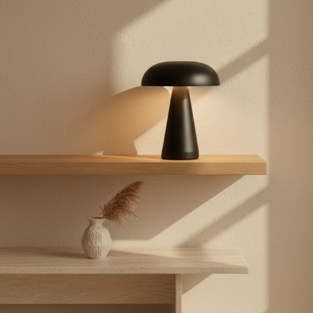 A black mushroom lamp sits on a wooden shelf, below it a small vase with dried grass.