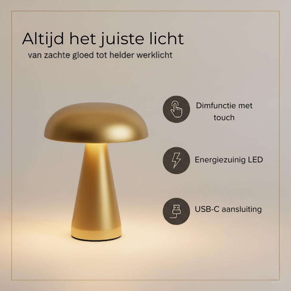 A gold mushroom-shaped lamp with Dutch text and feature icons on a light background.