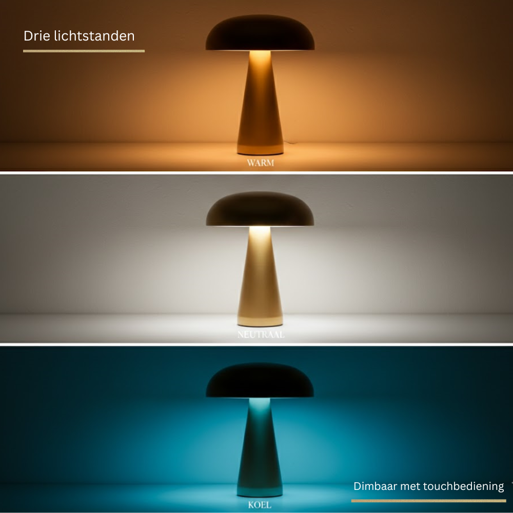 A mushroom-shaped lamp displays three different light modes: warm, neutral, and cool.