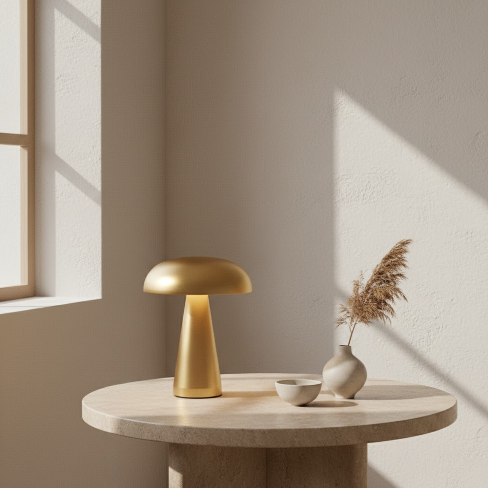 A gold table lamp, a small bowl, and a vase with dry grass sit on a round table against a wall with sunlight.