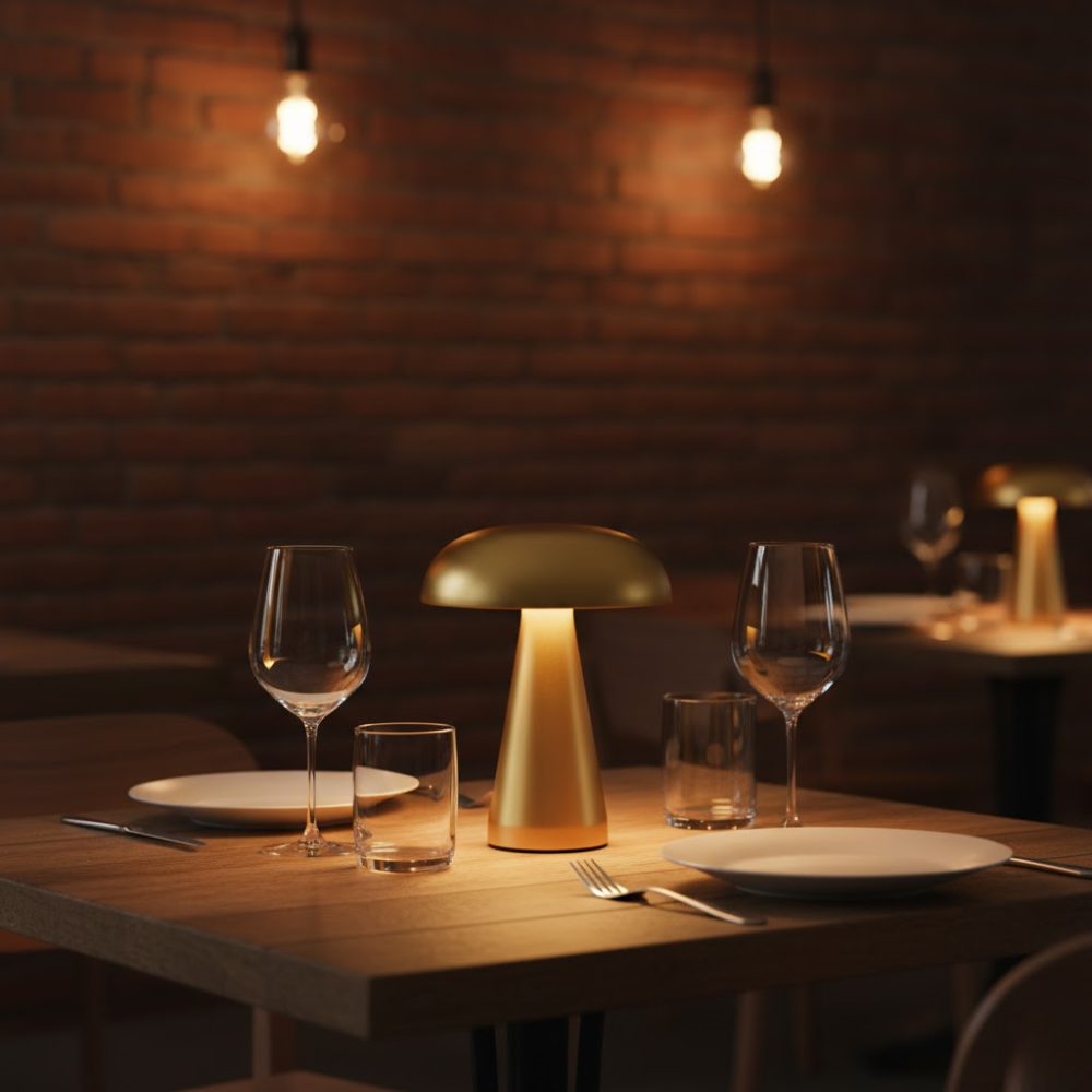 A restaurant table with a gold lamp, plates, glasses, and cutlery against a brick wall.
