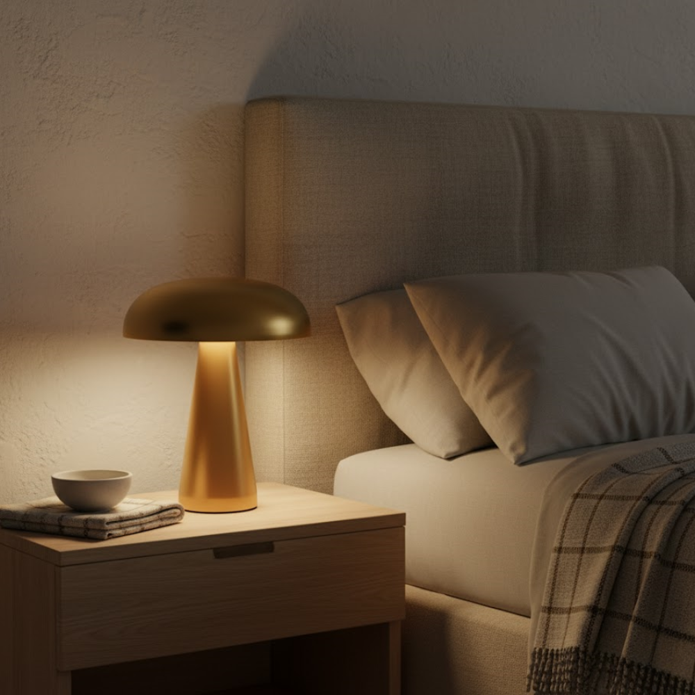A gold mushroom lamp glows on a wooden nightstand beside a bed with pillows.