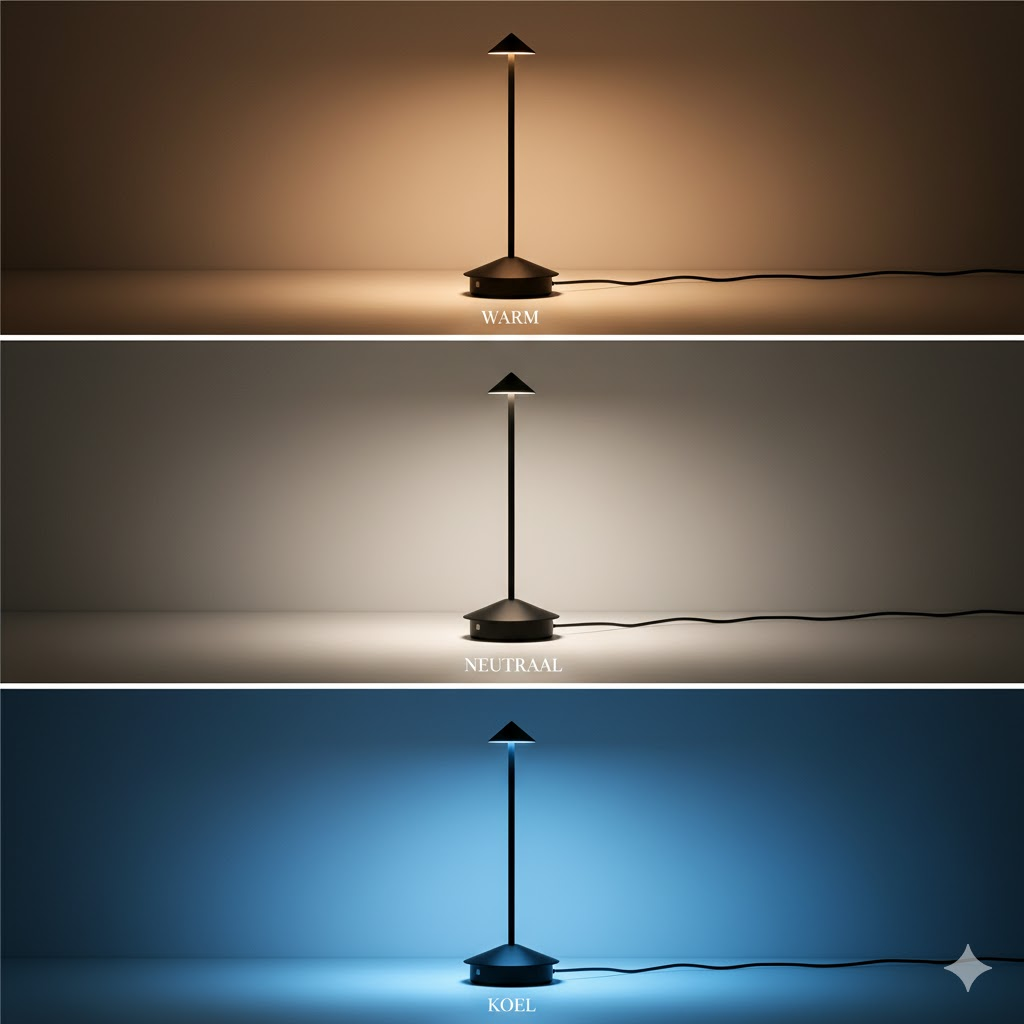 A black modern desk lamp showing three color temperature settings: warm, neutral, and cool light.