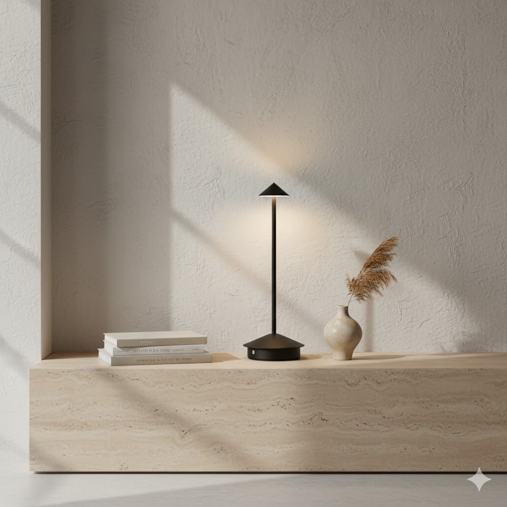 A black table lamp, a stack of books, and a vase with grass sit on a wooden bench against a light wall.