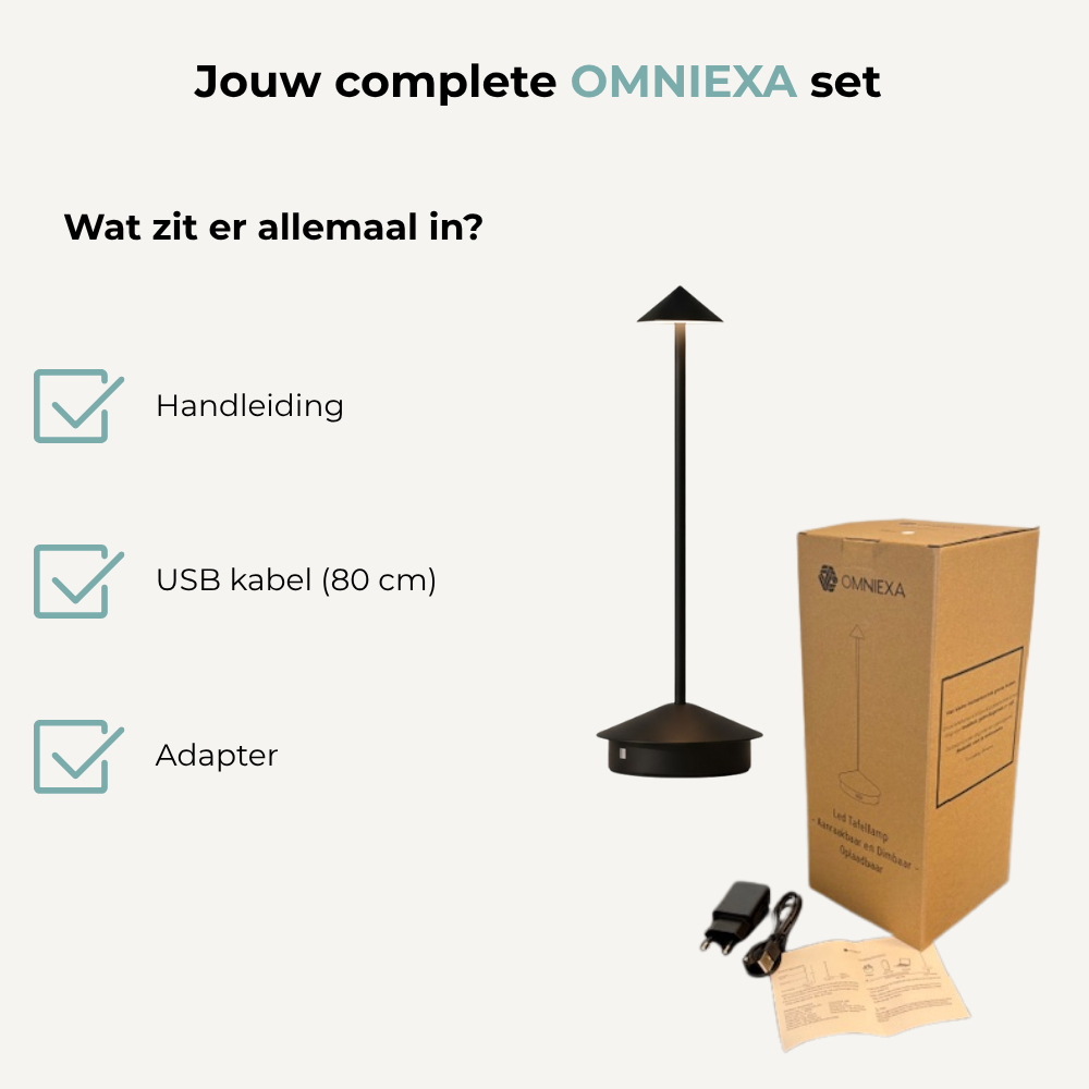 Omniexa set showing a black lamp, box, charging cable, adapter, and manual.