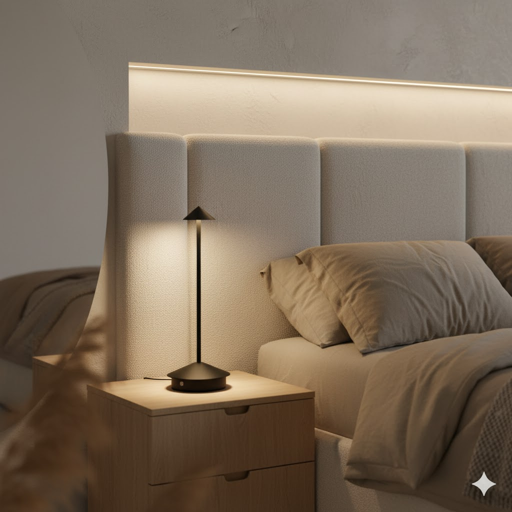 A black table lamp on a wooden nightstand next to a bed with a light headboard.