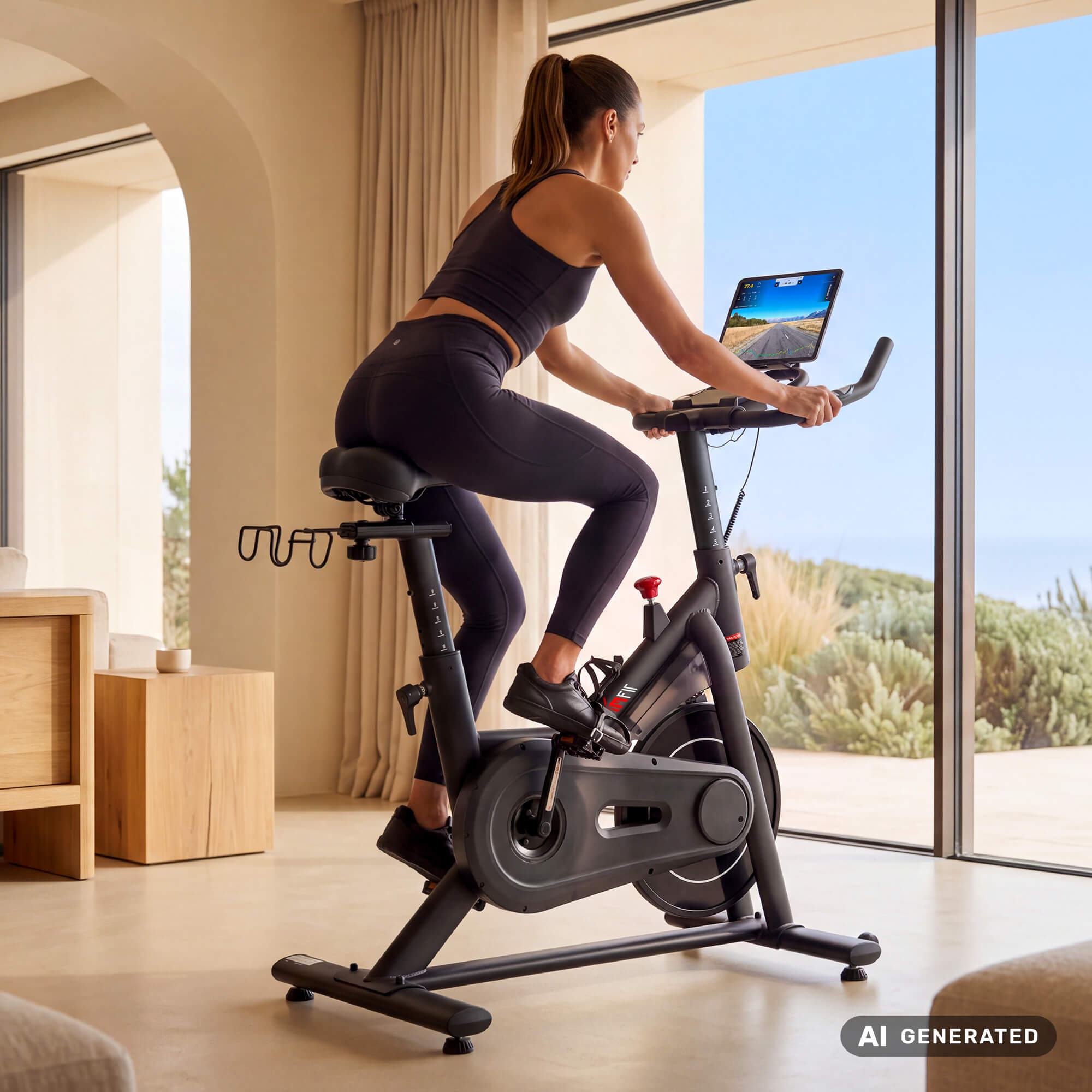 Eine Frau in Sportkleidung radelt auf einem Hometrainer vor einem großen Fenster mit Blick auf eine Landschaft.