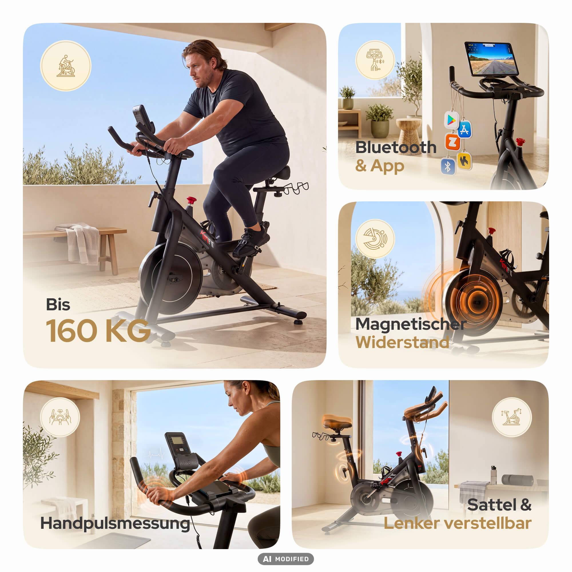 Verschiedene Ansichten eines Hometrainers mit App-Anbindung, magnetischem Widerstand und verstellbarem Sattel.