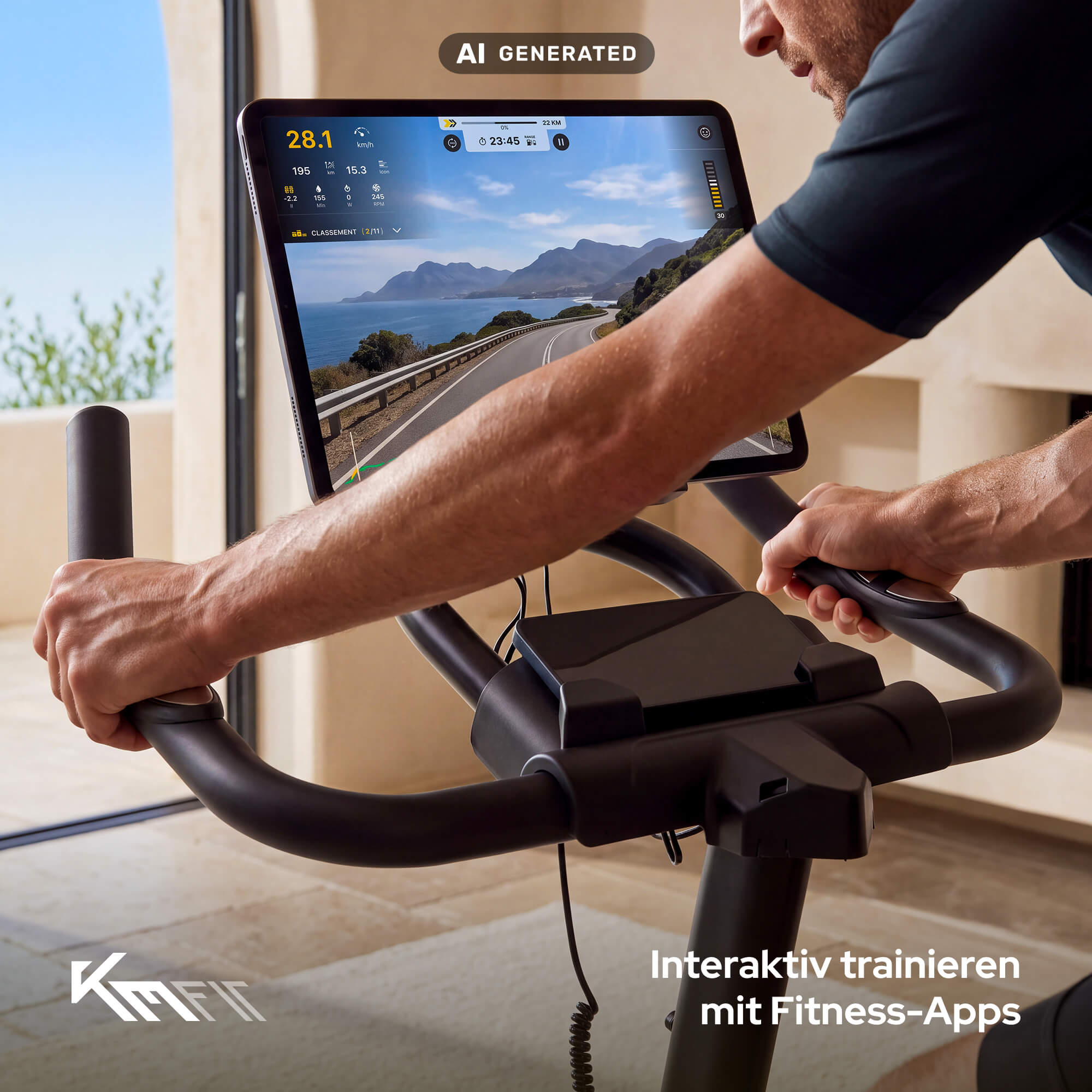 Ein Mann trainiert auf einem Heimtrainer mit Display, das eine Küstenstraße zeigt.