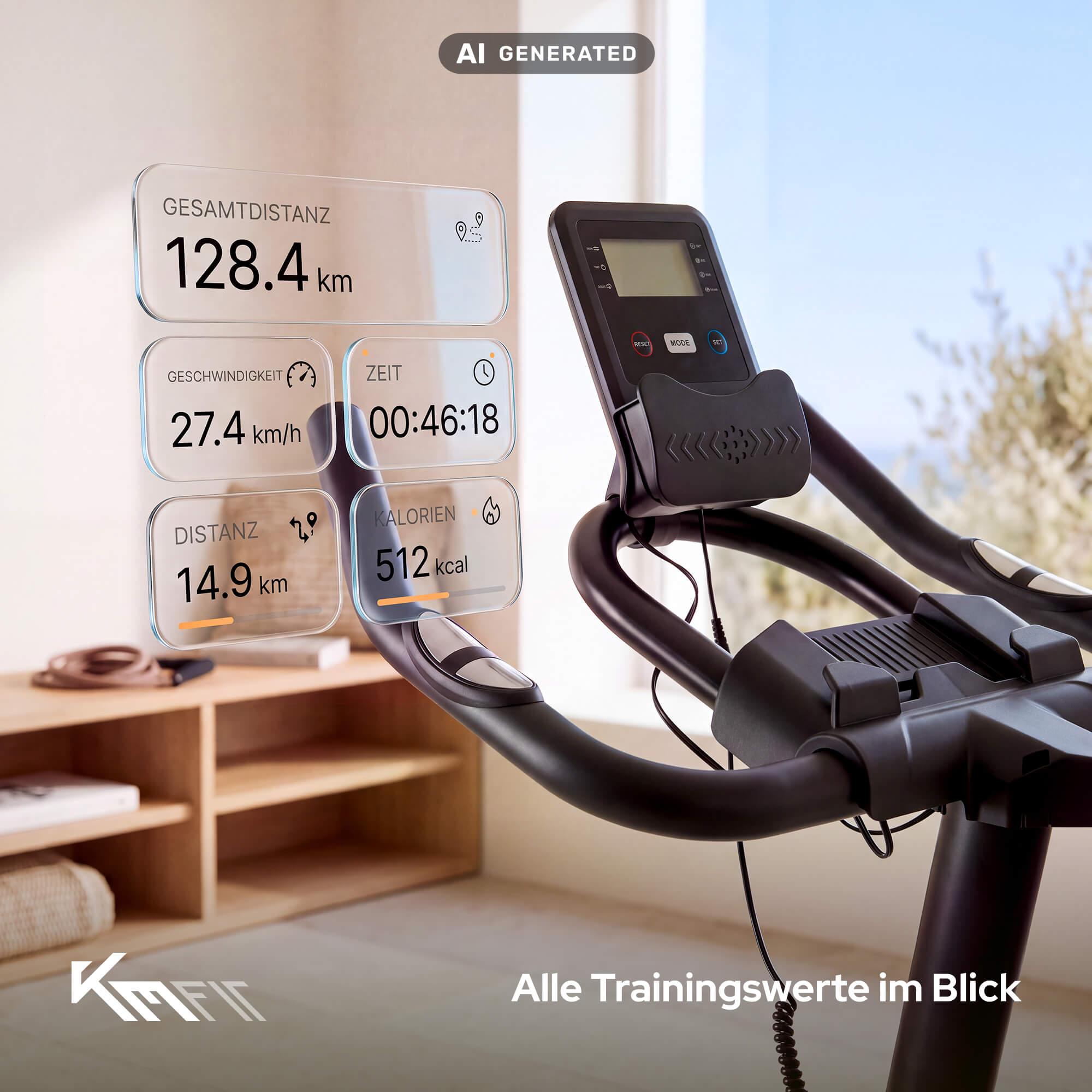Heimtrainer mit HUD-Display zeigt Distanz, Geschwindigkeit, Zeit und Kalorien in einem hellen Zimmer.