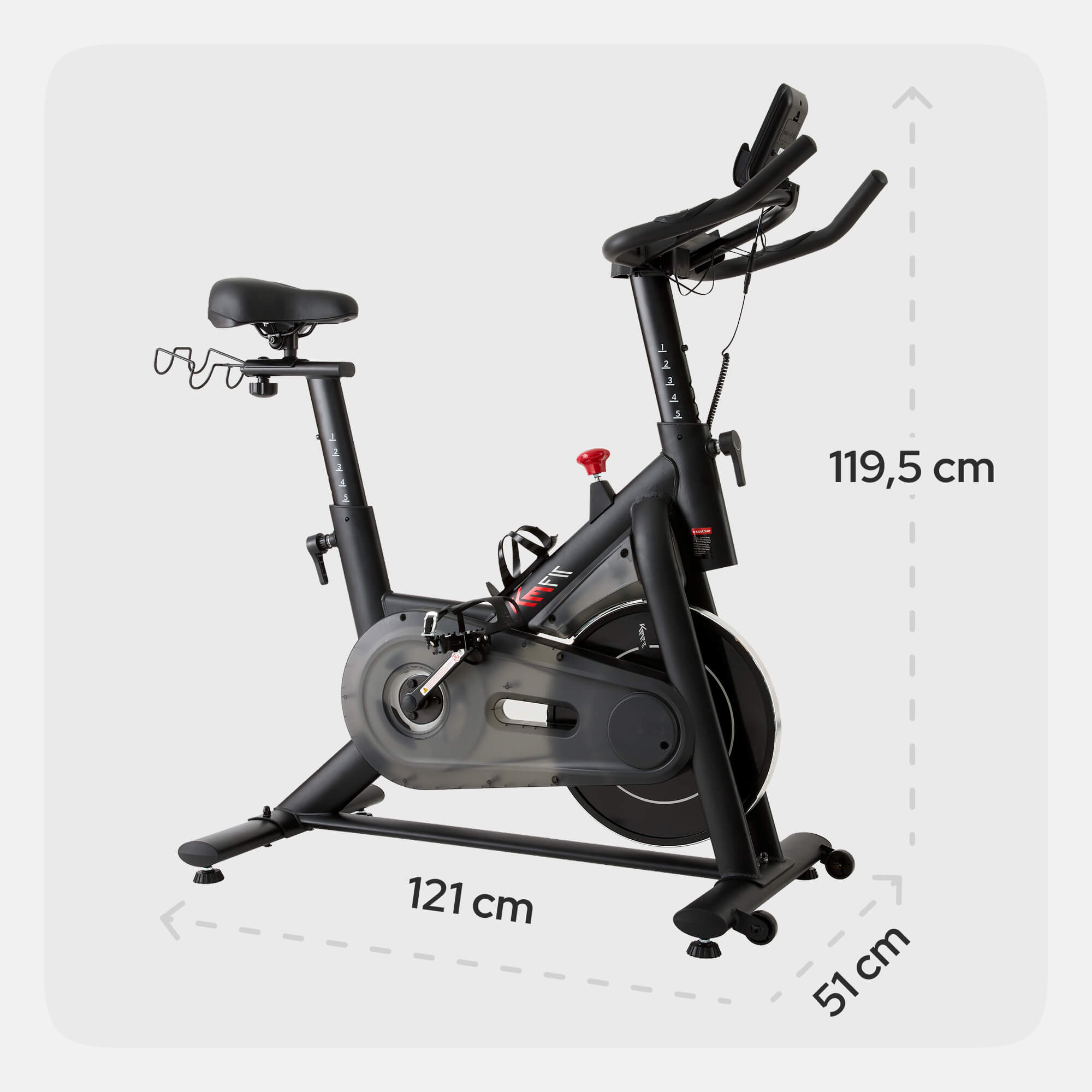 Ein schwarzes Stand-Heimfahrrad mit einer Höhe von 119,5 cm, Länge 121 cm und Breite 51 cm vor grauem Hintergrund.