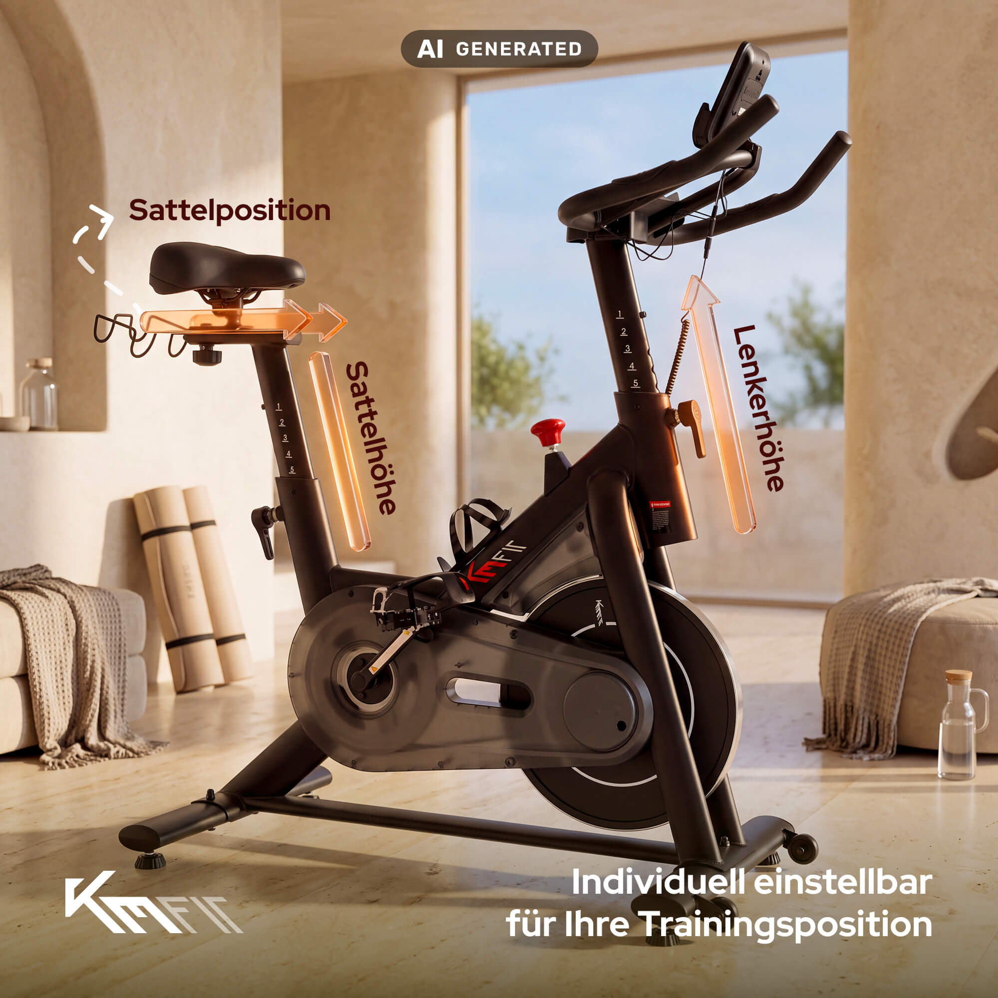 Schwarzes Fitnessbike mit verstellbarem Sattel und Lenker in hellem Raum.