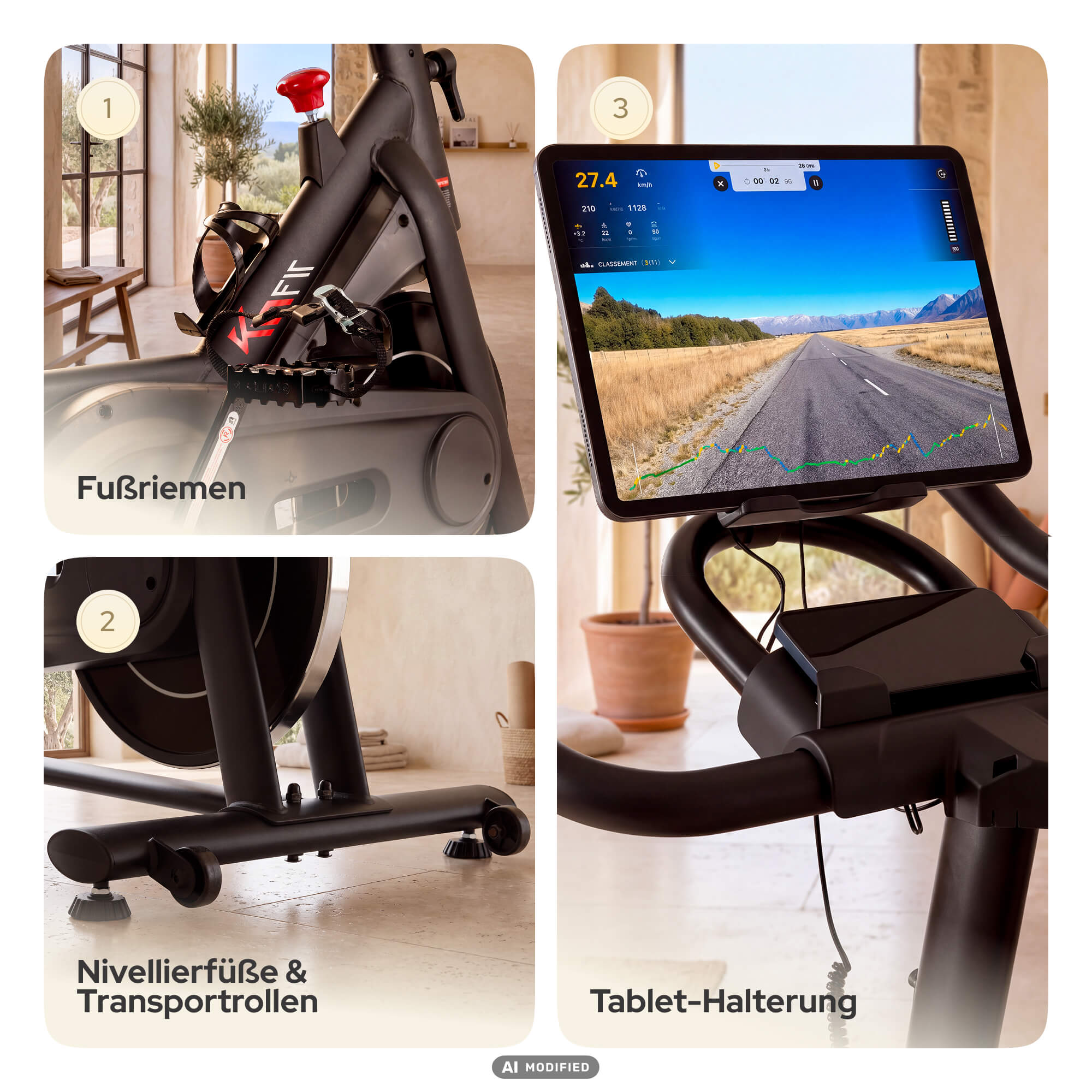 Details eines Fitnessbikes: Fußriemen, Nivellierfüße, Transportrollen und eine Tablet-Halterung.