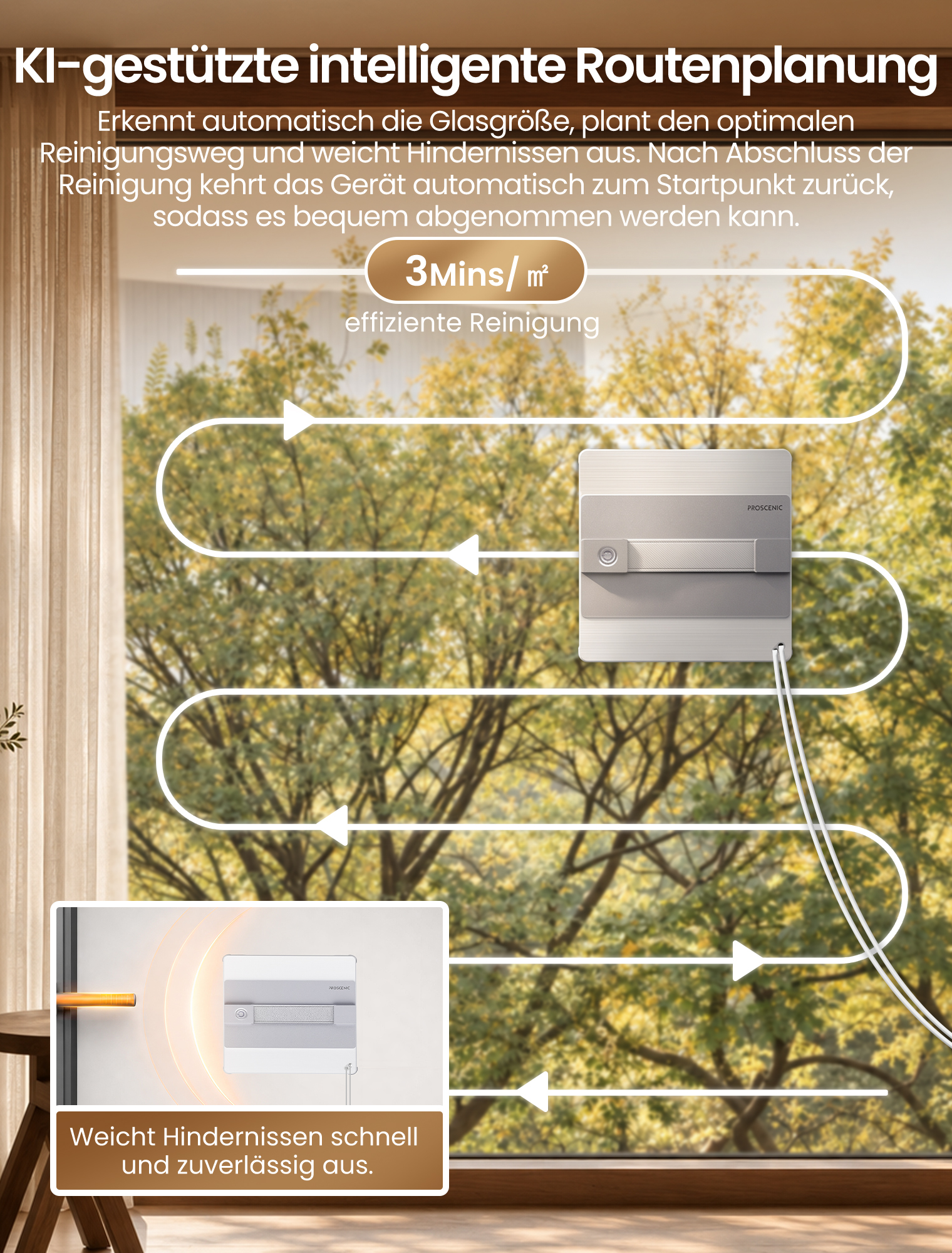 Intelligente Fensterreinigungs-Route mit KI-Steuerung und Hinderniserkennung auf einer Glasscheibe mit Bäumen.