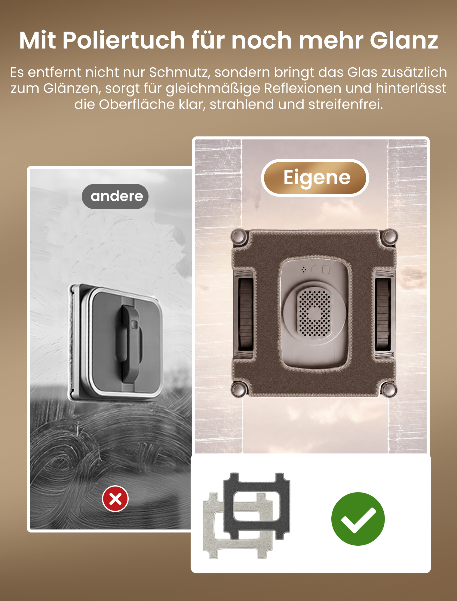 Vergleich zweier Fensterputzroboter: ein graues Modell mit Streifen und ein braunes mit rotem Häkchen.