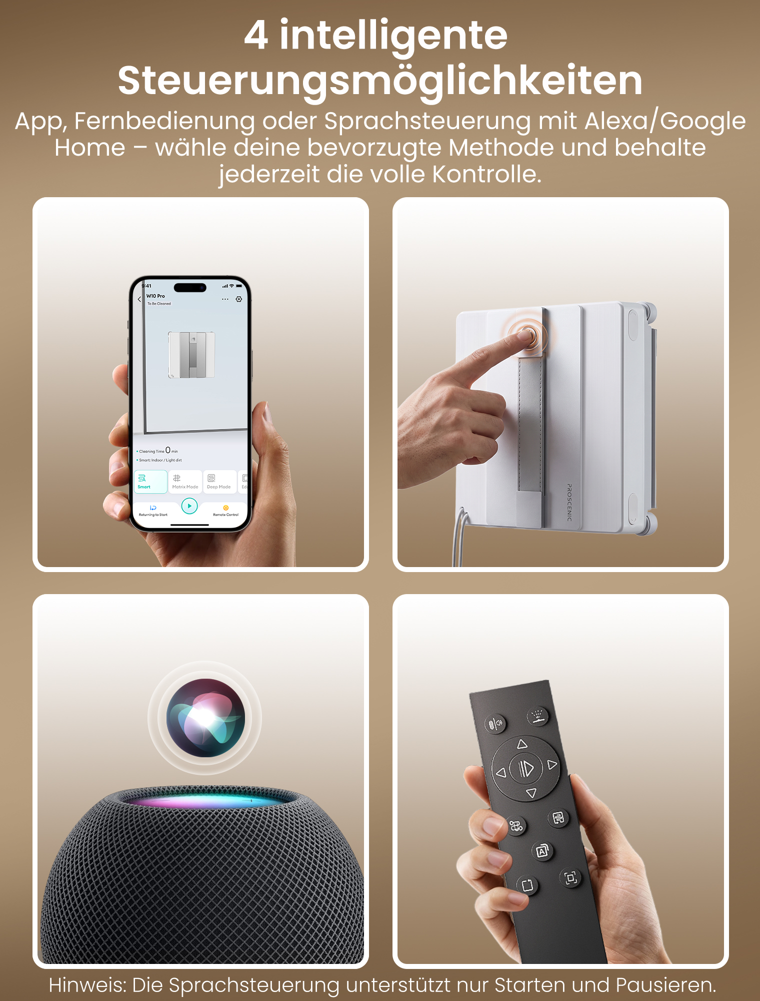Vier Bilder zeigen smarte Steuerungsoptionen für ein Gerät: App, physische Tasten, Sprachassistent und Fernbedienung.