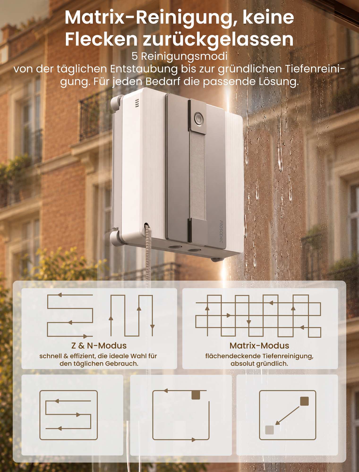 Ein weißer Fensterreinigungsroboter reinigt eine Glasscheibe, während im Hintergrund alte Gebäude zu sehen sind.