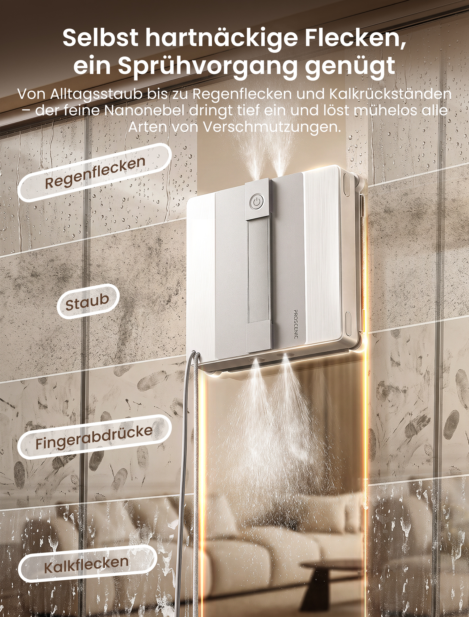 Ein Fensterputzroboter reinigt eine verschmutzte Glasscheibe mit Sprühnebel.