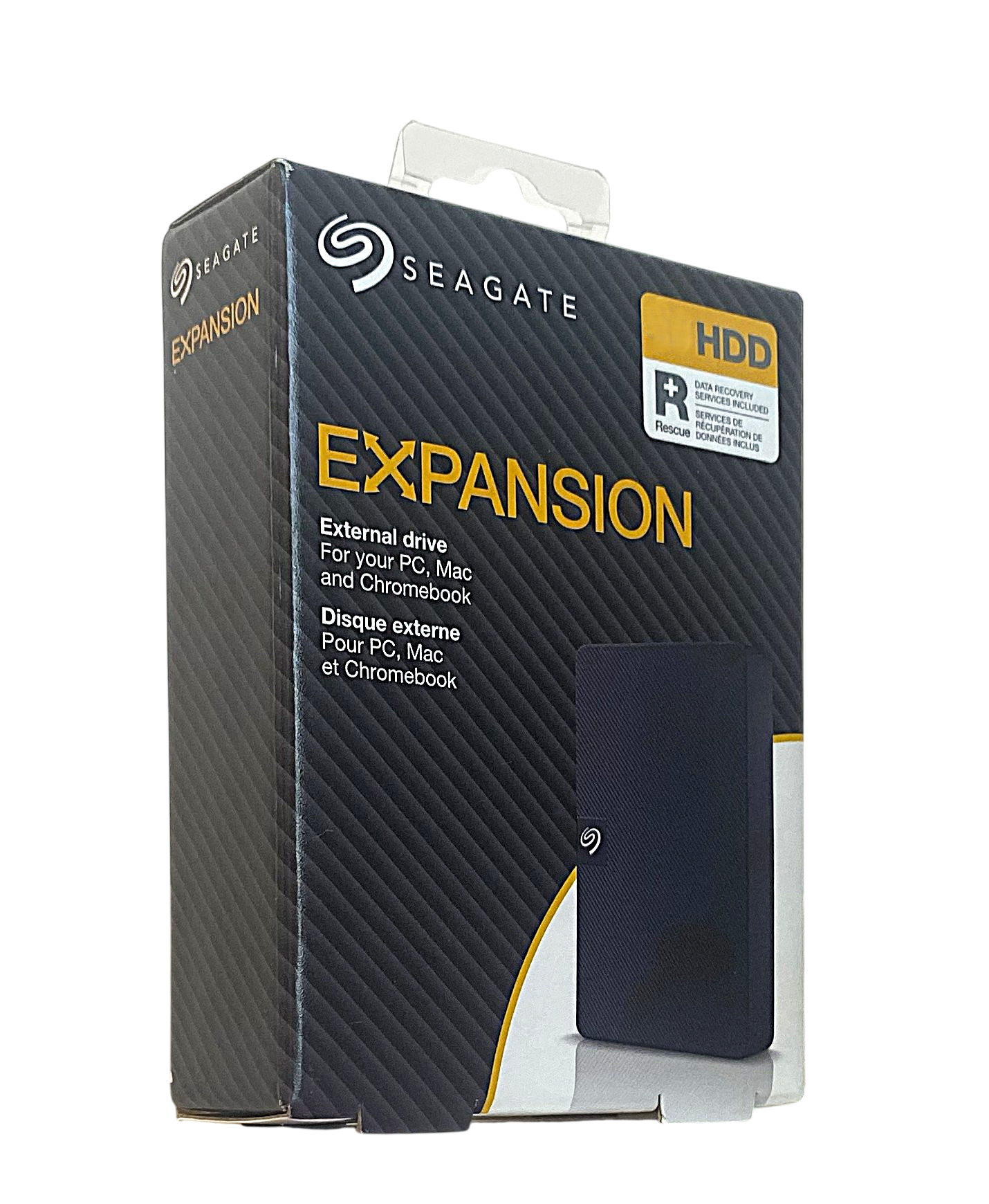 Seagate Expansion externe Festplattenverpackung mit Produktbild und Text.
