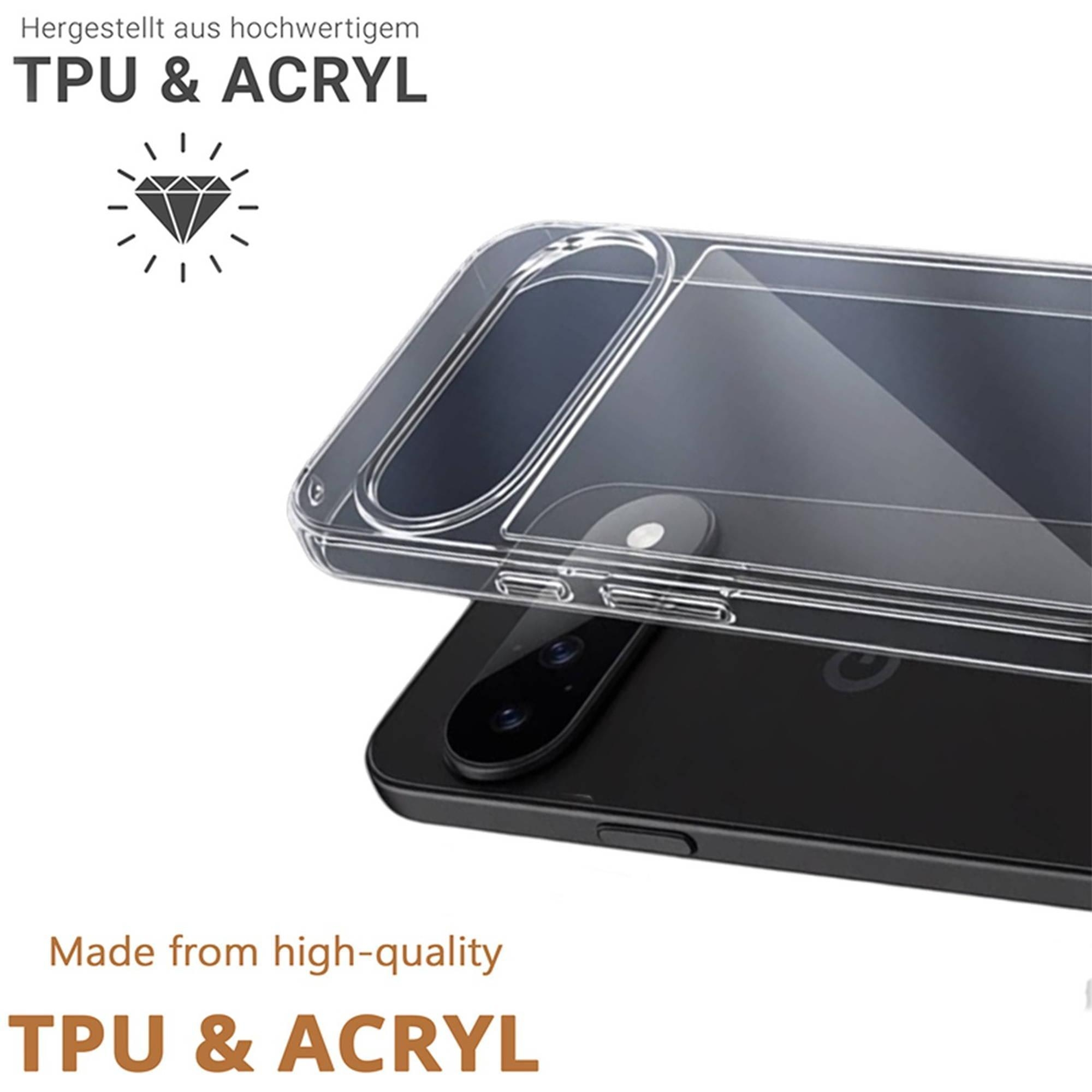 Transparente TPU- und Acryl-Handyhülle über einem schwarzen Smartphone.