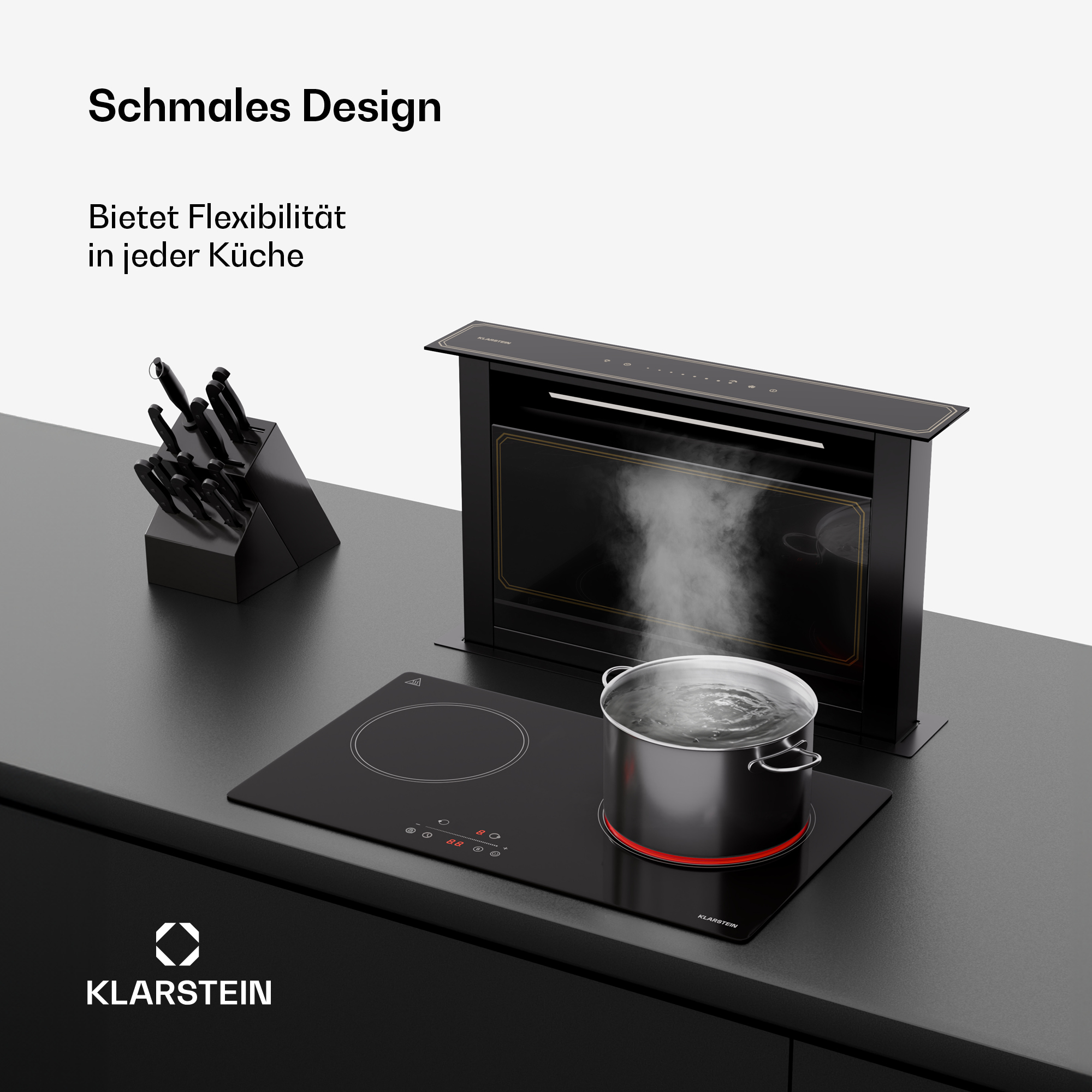 Ein schwarzes Induktionskochfeld mit kochendem Topf und Dunstabzugshaube auf einer dunklen Arbeitsplatte.