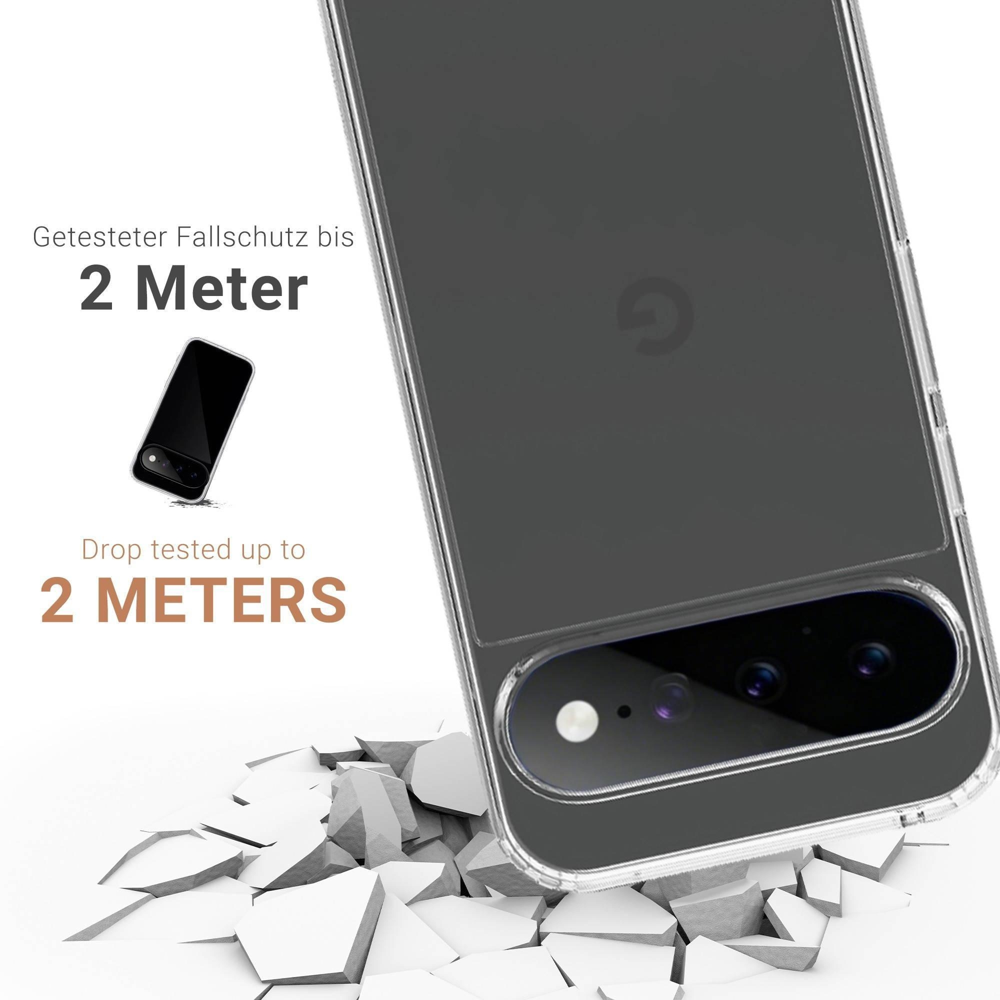 Ein Smartphone in transparenter Hülle über zerbrochenem weißem Boden mit Text zu Sturzschutz.