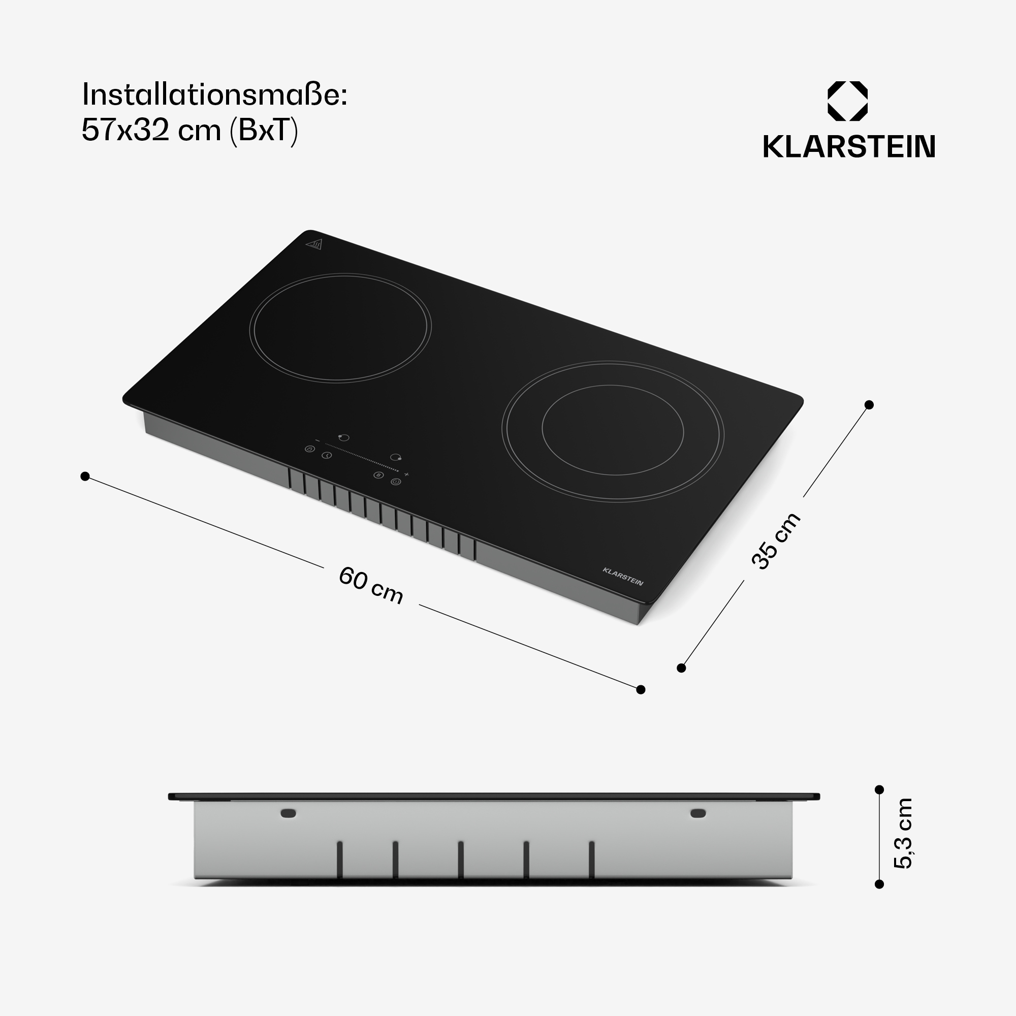 Schwarzes Klarstein Induktionskochfeld mit zwei Kochzonen und Bemaßungen von 60x35 cm.