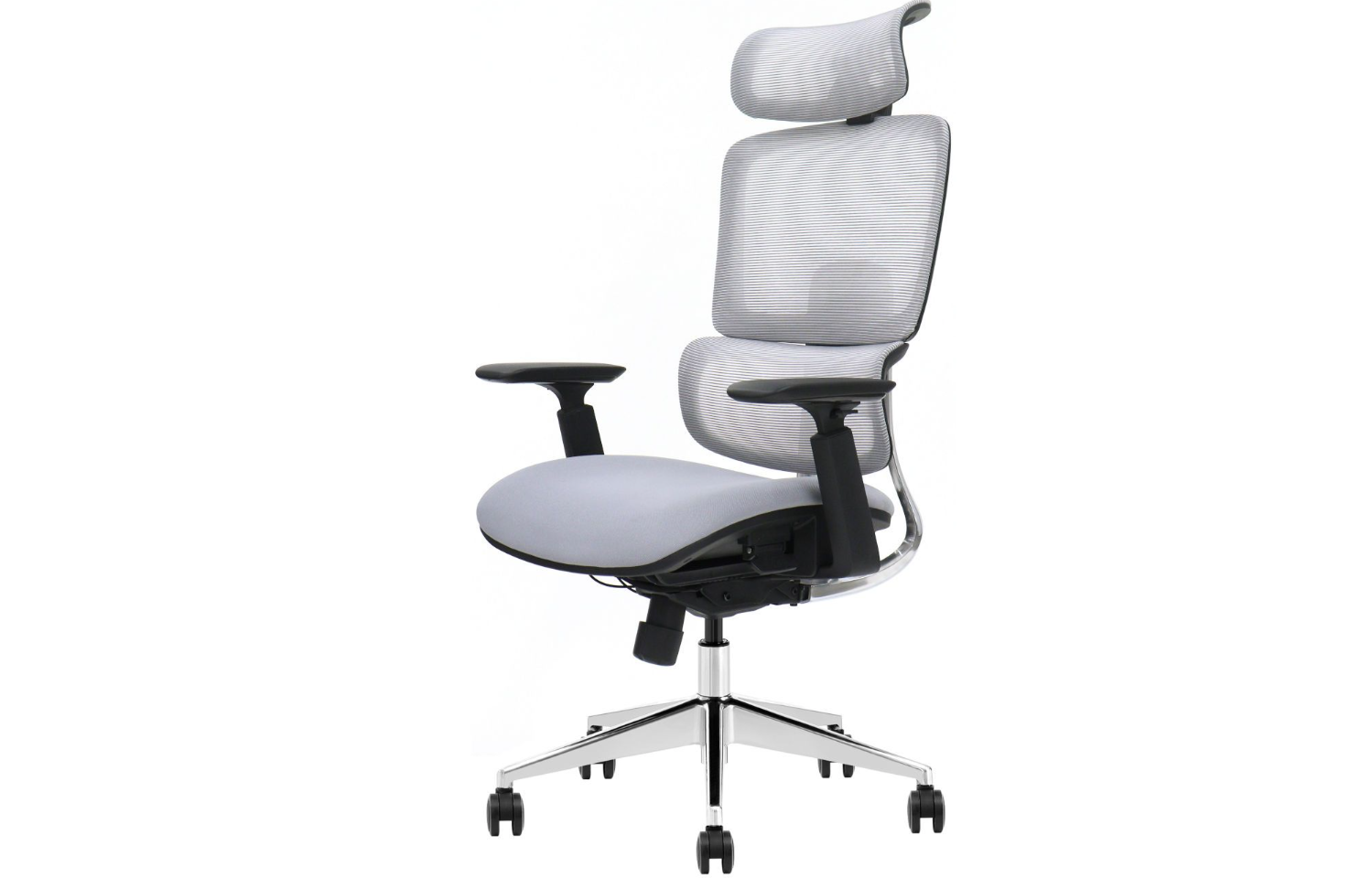Moderner ergonomischer Buerostuhl mit grauem Netzgeflecht, verstellbaren Armlehnen und Kopfstuetze auf Rollenbasis.
