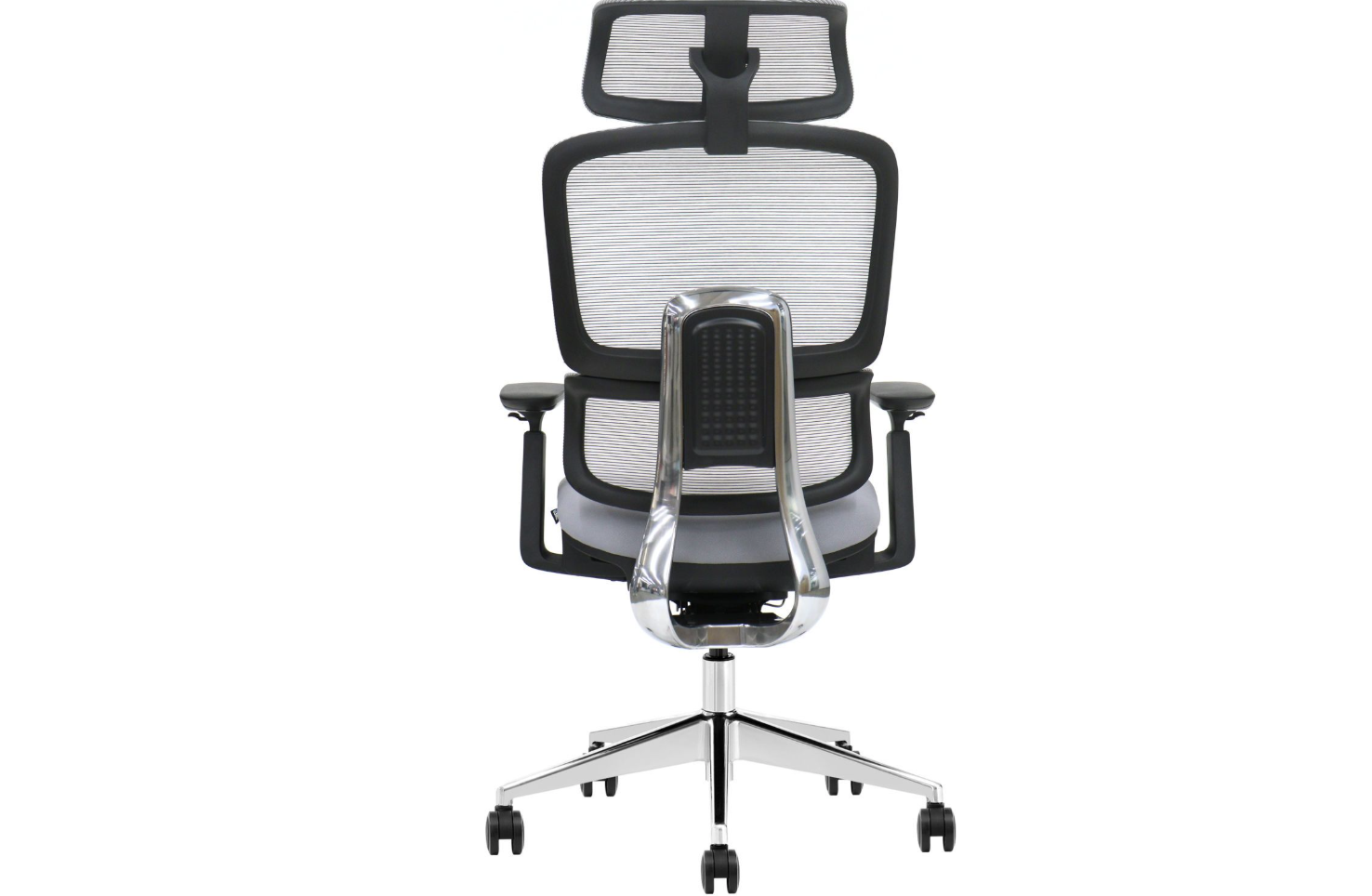 Rückansicht eines modernen, ergonomischen Bürostuhls mit Netzrückenlehne und Chromgestell.