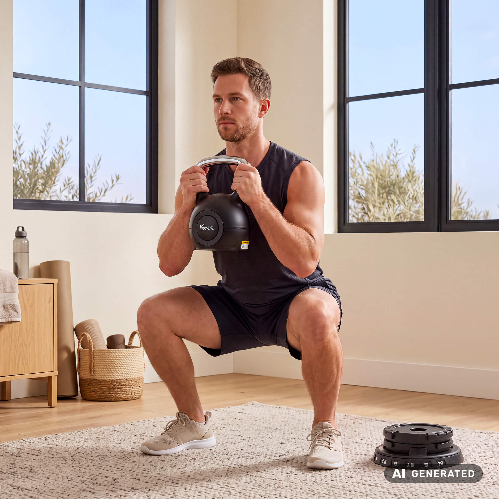 Ein Mann im dunklen Sportoutfit hält eine schwarze Kettlebell und macht Kniebeugen auf einem Teppich in einem sonnigen Raum.