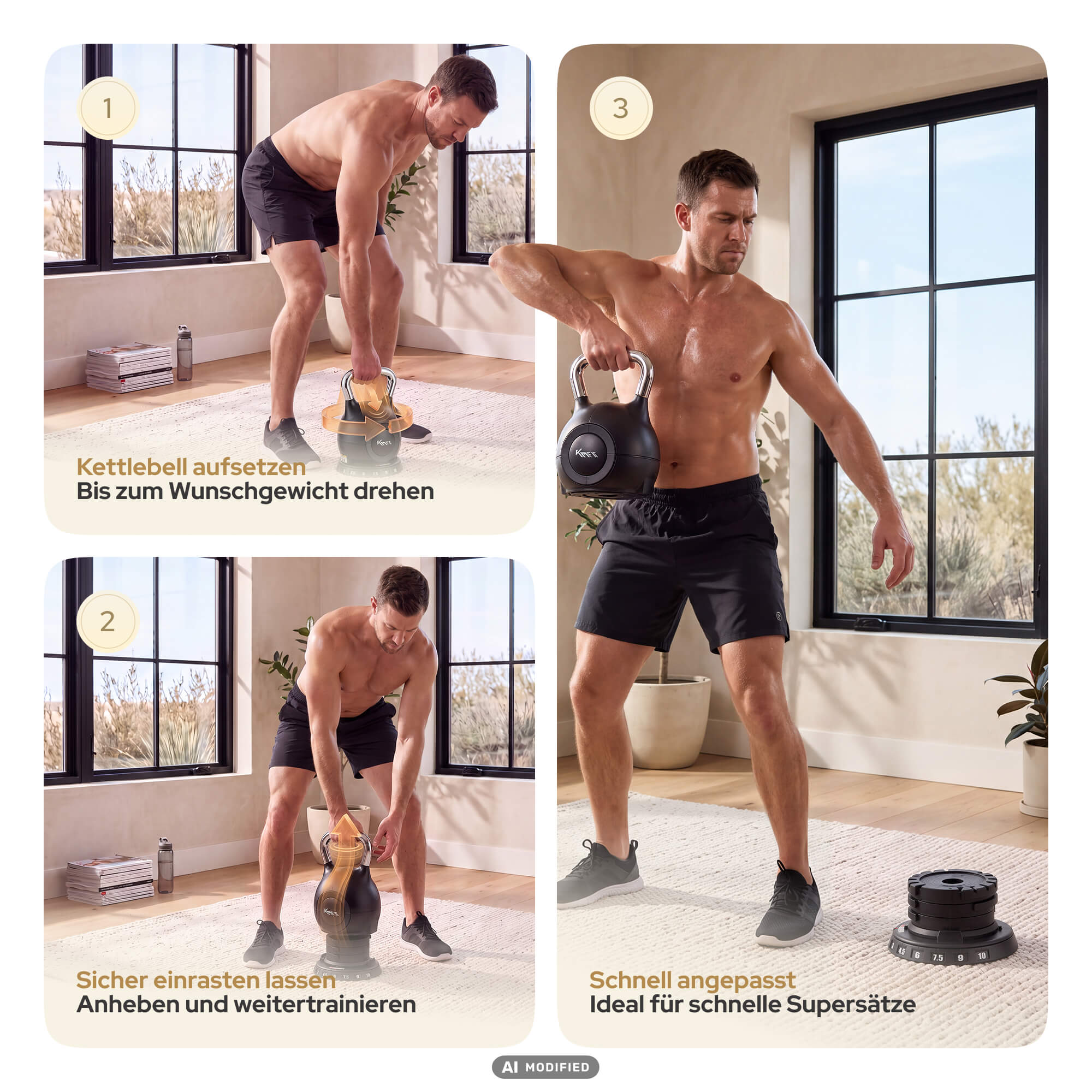 Mann zeigt in drei Schritten, wie man das Gewicht einer verstellbaren Kettlebell anpasst.