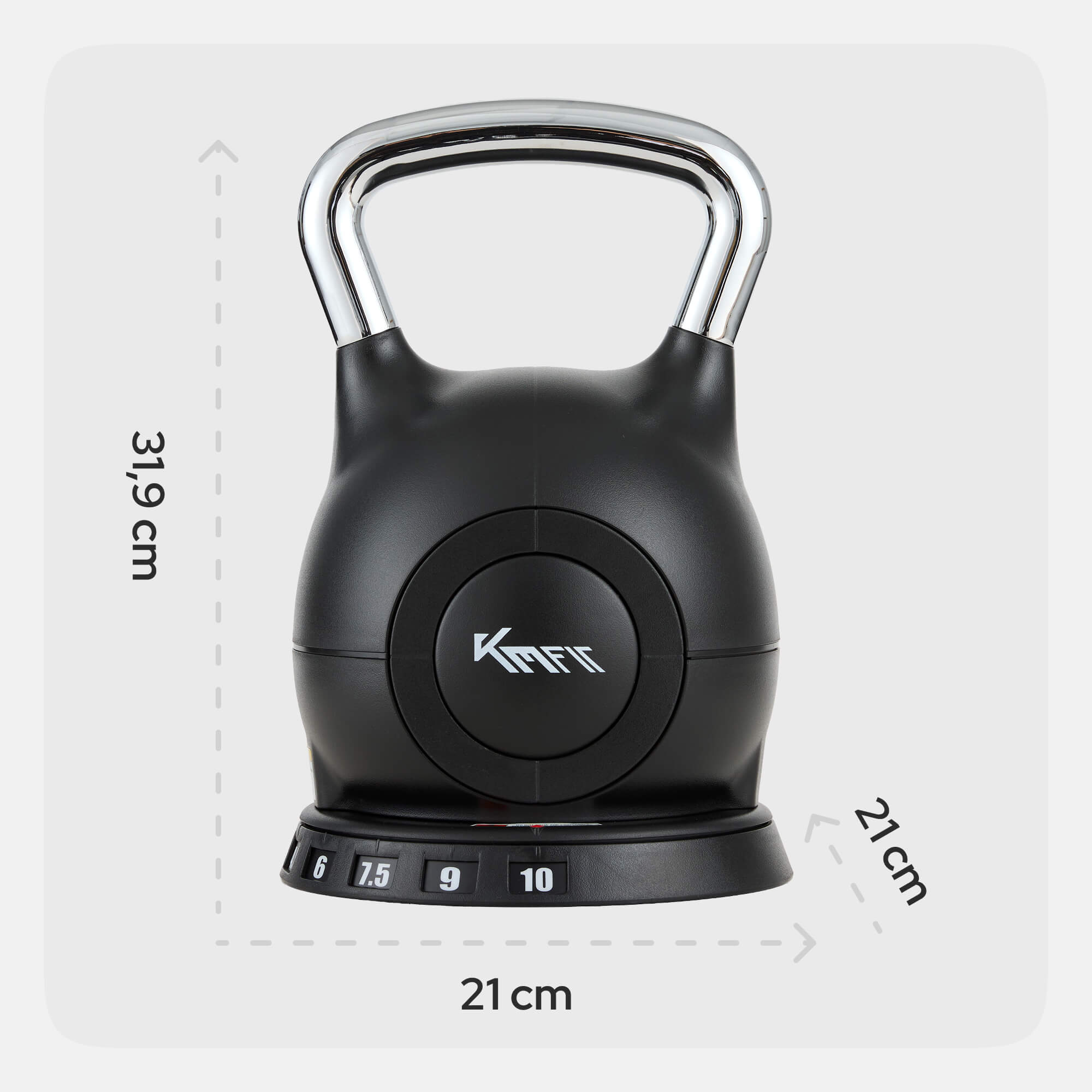 Verstellbare schwarze Kettlebell mit Chromgriff auf hellem Hintergrund mit Maßangaben.