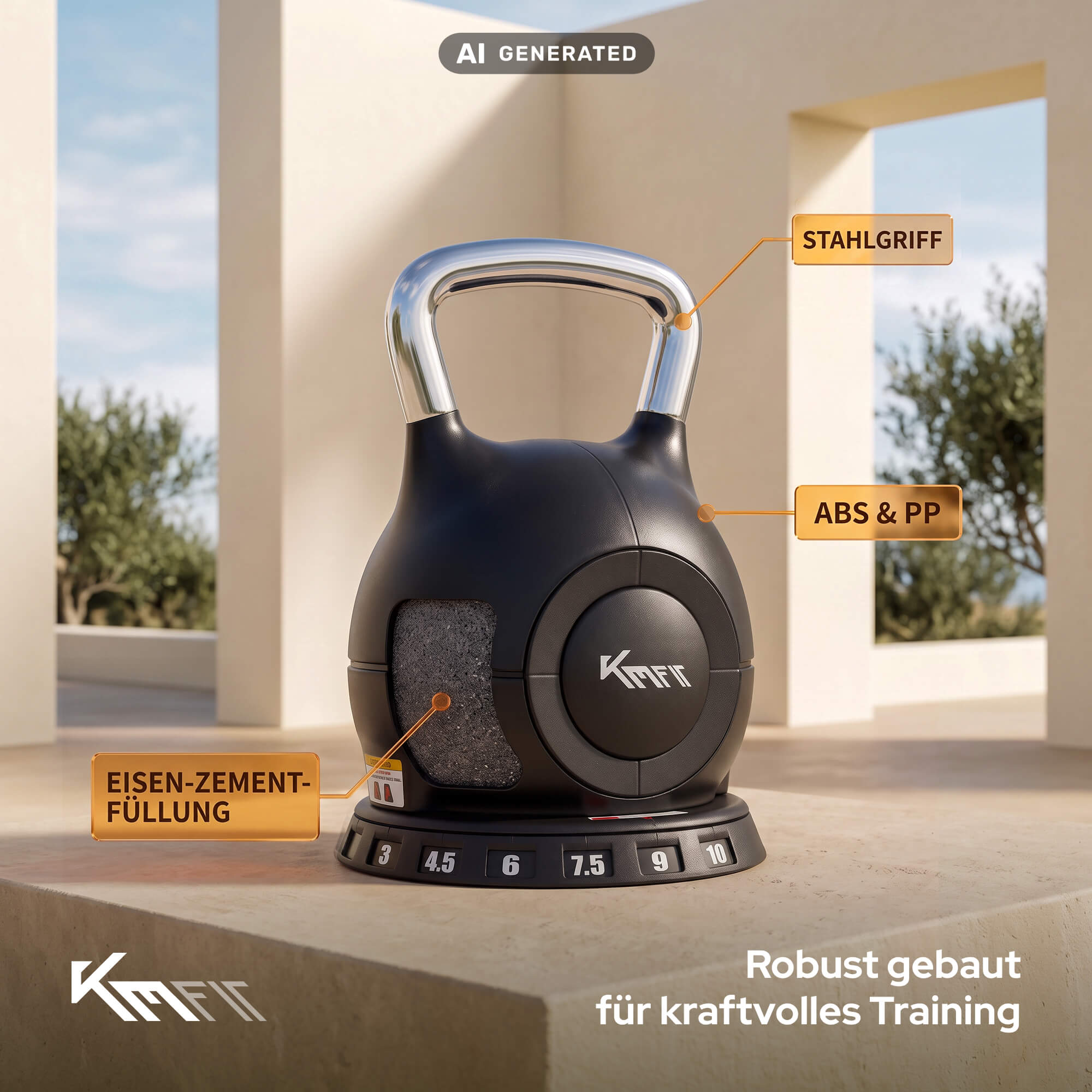 Verstellbare schwarze Kettlebell mit Chromgriff auf hellem Sockel, beschriftet mit Materialdetails in Deutsch.