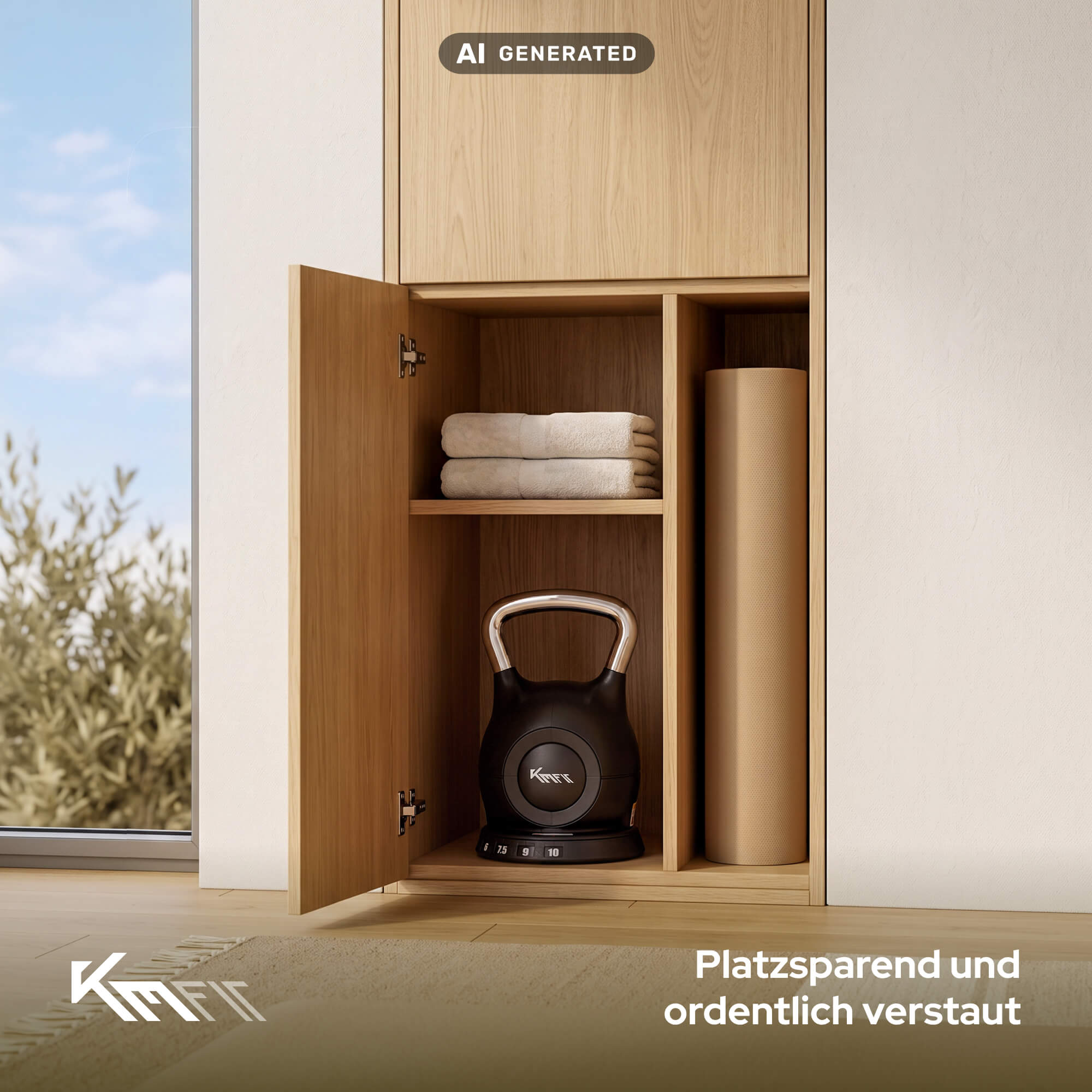 Ein offener Holzzuschnitt-Wandschrank zeigt eine Kettlebell, zwei Handtücher und eine Yogamatte.