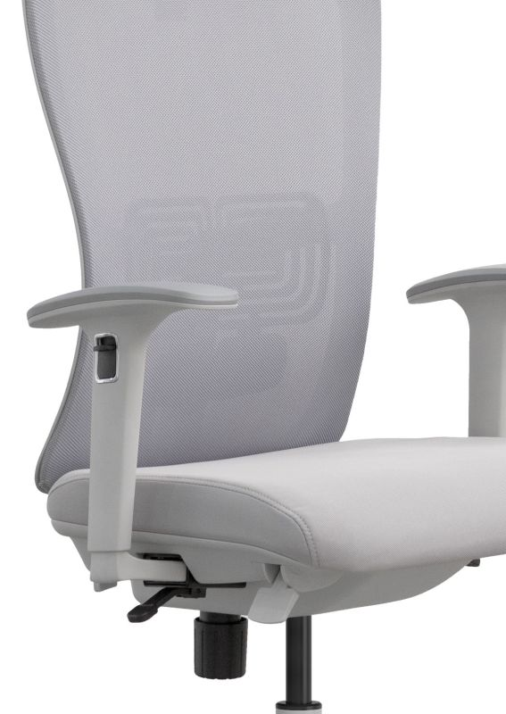 Moderner ergonomischer Buerostuhl mit grauer Netzrueckenlehne und gepolstertem Sitz auf weißem Hintergrund.