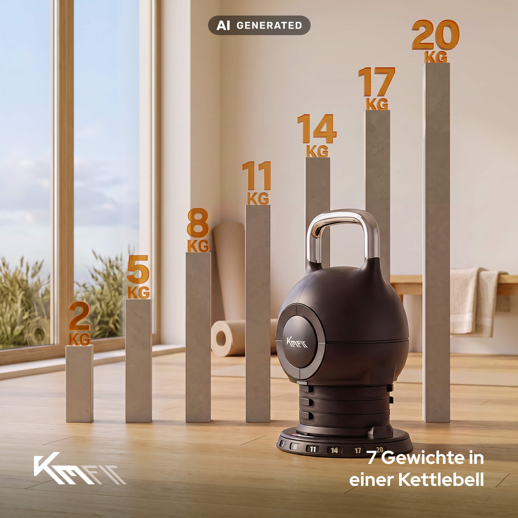 Verstellbare Kettlebell auf Holzboden, begleitet von Säulen, die Gewichte von 2 bis 20 kg anzeigen.