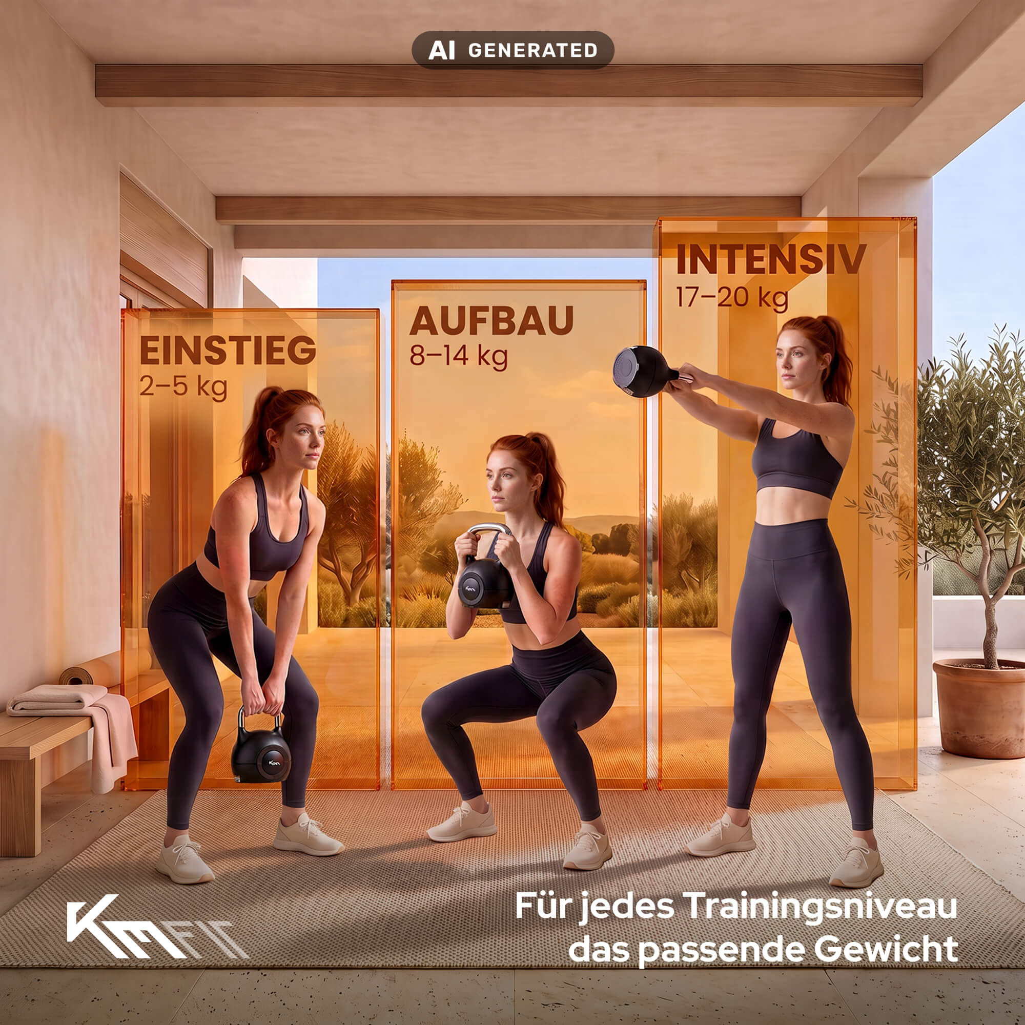 Eine Frau trainiert mit Kettlebells vor orangen Glaswänden mit Trainingsstufen.