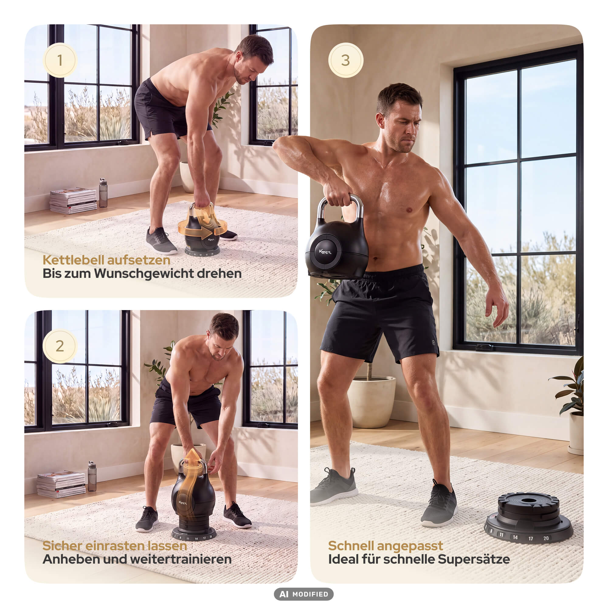 Ein shirtless Mann zeigt in drei Schritten, wie man ein verstellbares Kettlebell nutzt.