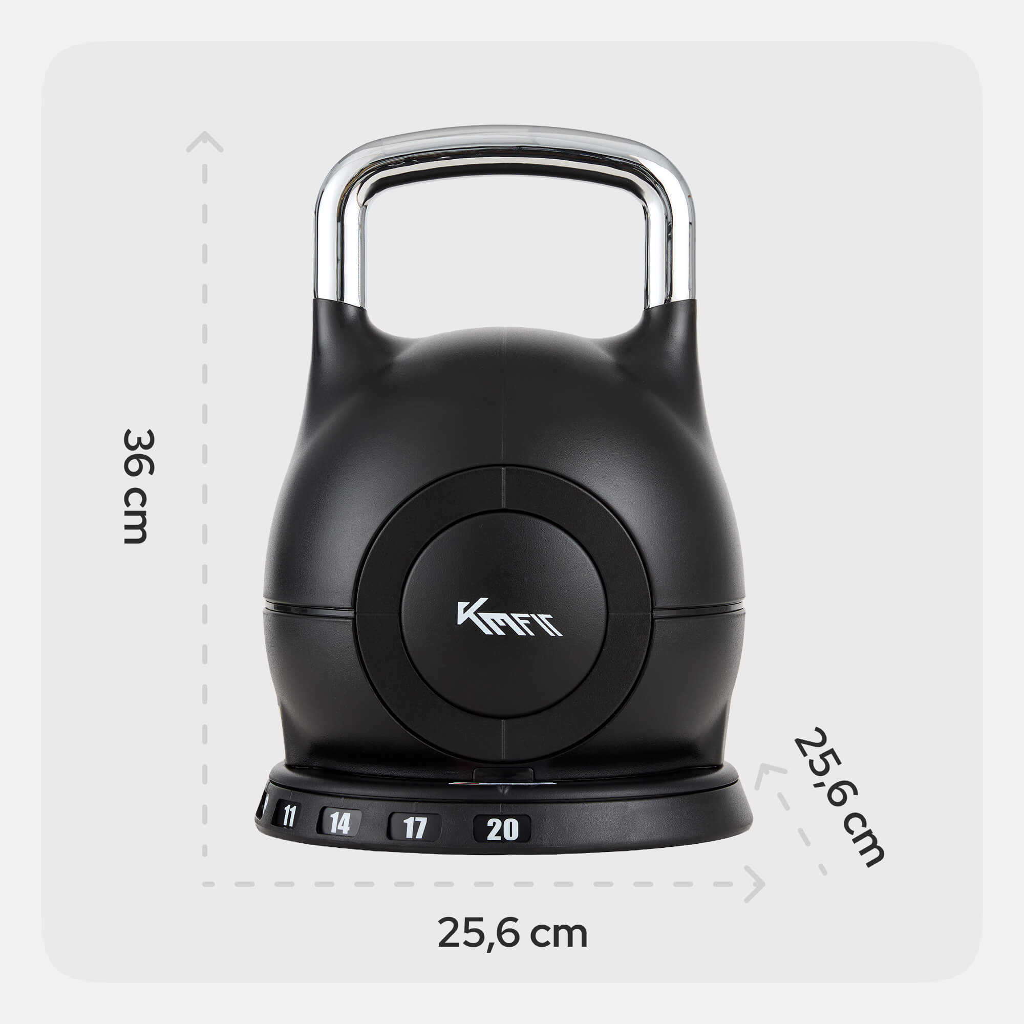 Schwarze verstellbare Kettlebell mit Chromgriff auf einer Basis, mit Maßen von 36 cm Höhe und 25,6 cm Breite.